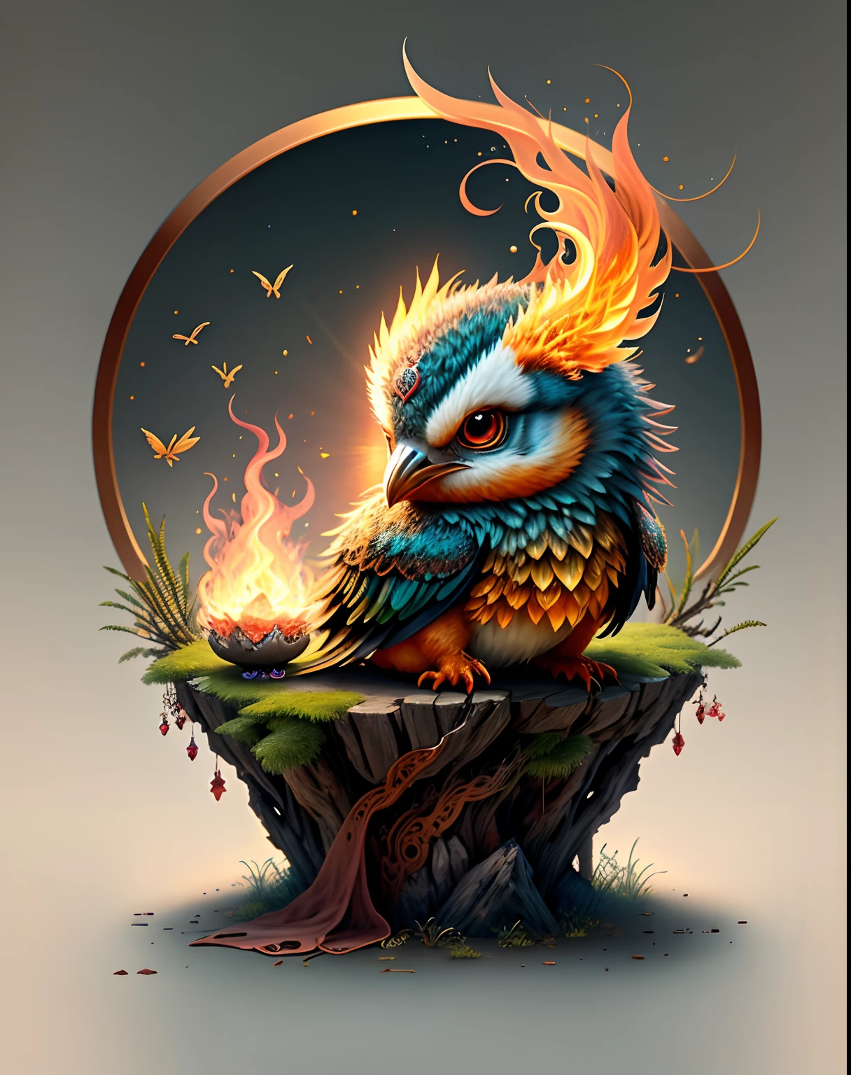 Top image quality、"Create cute creature masterpieces with inspired ultra-detailed concept art. Let your imagination come alive", ((Immortal Bird))、(phoenix)、(fengxi), high detailing, in 8K、Top image quality、uses magic、The magic of karmic fire in the background