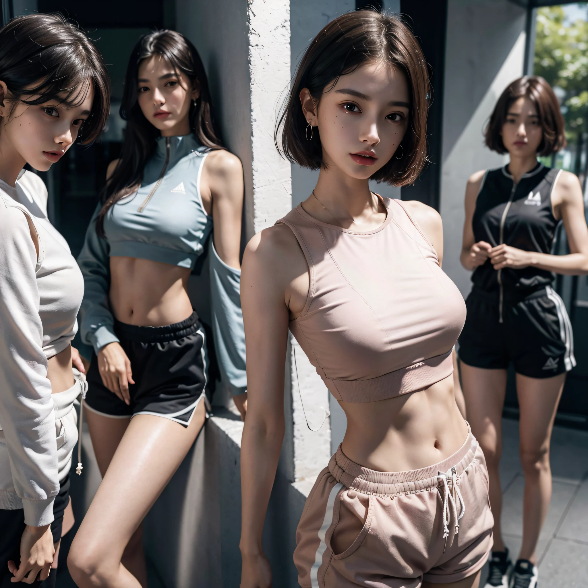 absurdres, RAW photo, extremely delicate and beautiful, masterpiece, Best Quality, ultra high resolution, 16k, hyperrealistic, ultra-detailed, perfect anatomy, super Detailed skin, perfect figure, Very detailed CG 8k wallpaper, in her 20s, very Slim body, narrow waist, very small head, very small face, delicate facial features, tearful mole, mole on chest, earring, thin legs, (very huge round breasts), (midriff), (sleeveless), (full body shot), (((3 girls))), short medium hair, ((track suit)), shorts, yuri,