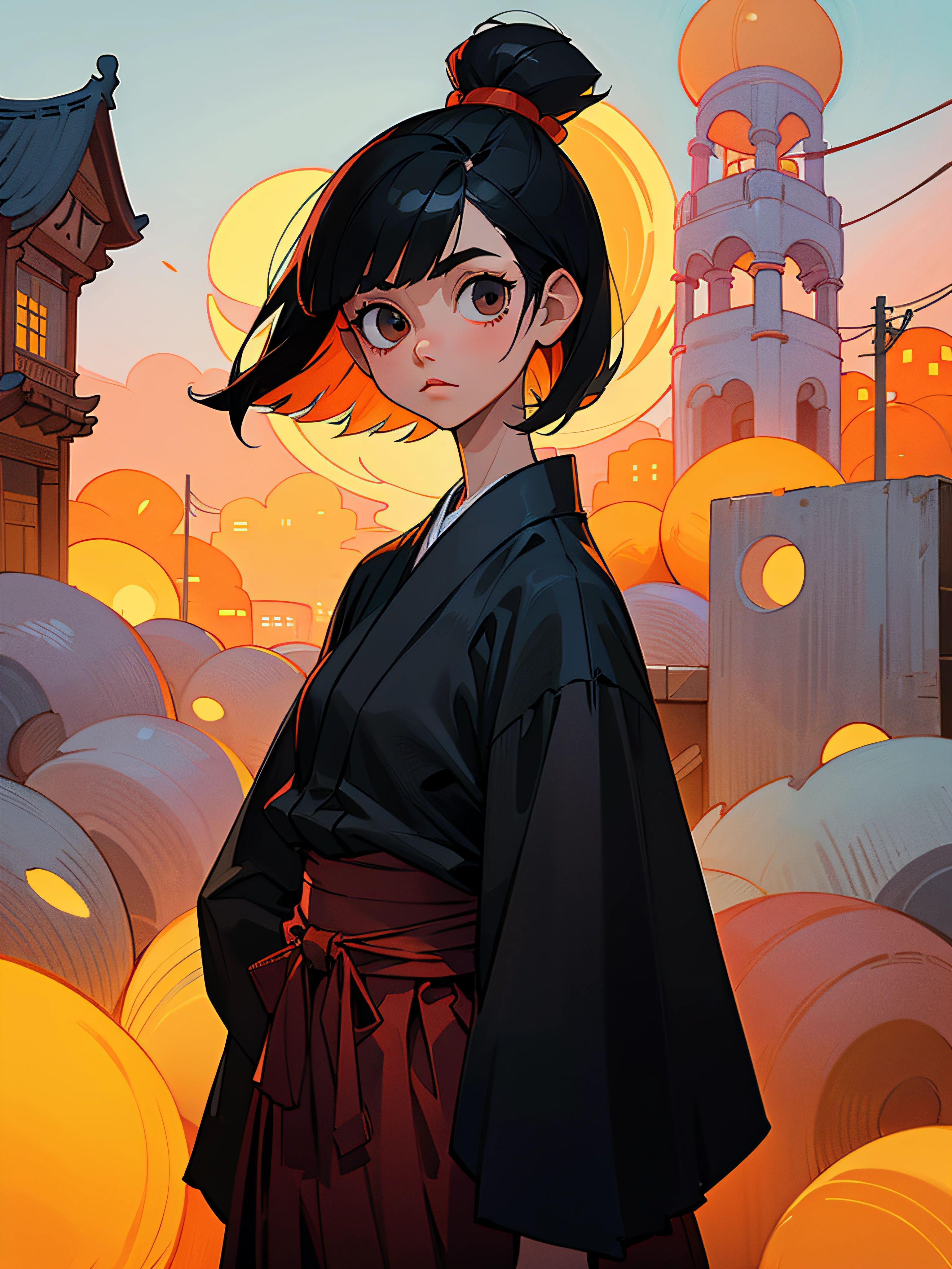 Woman with short black hair、Orange Hakama、Old townscape、Only the upper body is depicted