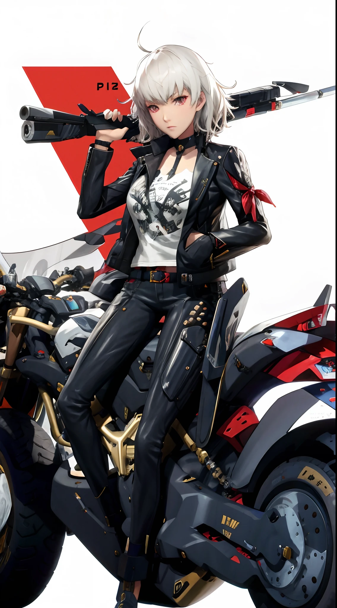 anime girl sitting on a motorcycle with a gun on her shoulder, persona 5 art style wlop, badass anime 8 k, rumble roses, no more heroes concept art, cushart krenz key art feminine, persona 5 style, by Yang J, sitting on cyberpunk motorbike, motorcycle concept art, made with anime painter studio, female action anime girl, motorbiker, nikke sugar character