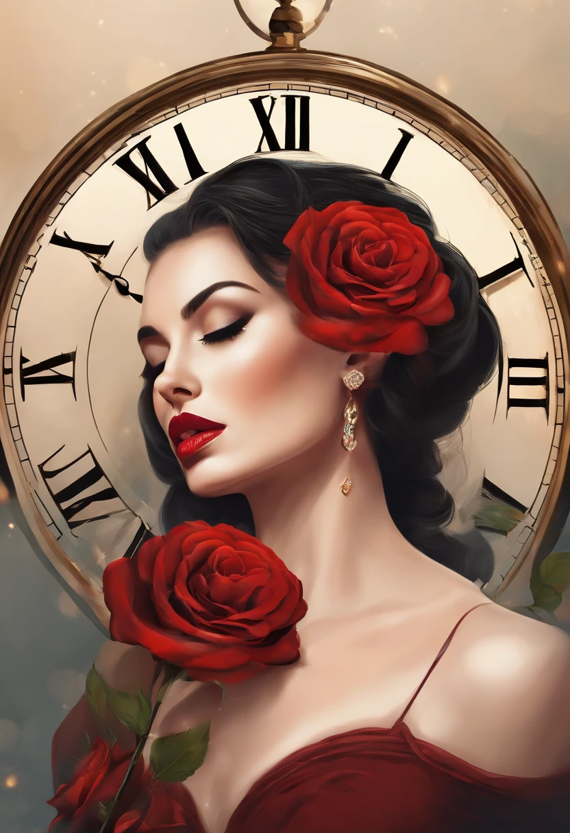 There was a woman with a rose and a clock stuck in her hair, vector art by Radi Nedelchev, Trend of CGsociety, Digital art, in style of digital illustration, Detailed face, surreal image, Peel off the forehead, Redlip, Exquisite digital illustration, in style of digital painting, Stylized digital art, Stylized digital illustration, Beautiful art UHD 4 K, stunning digital illustration