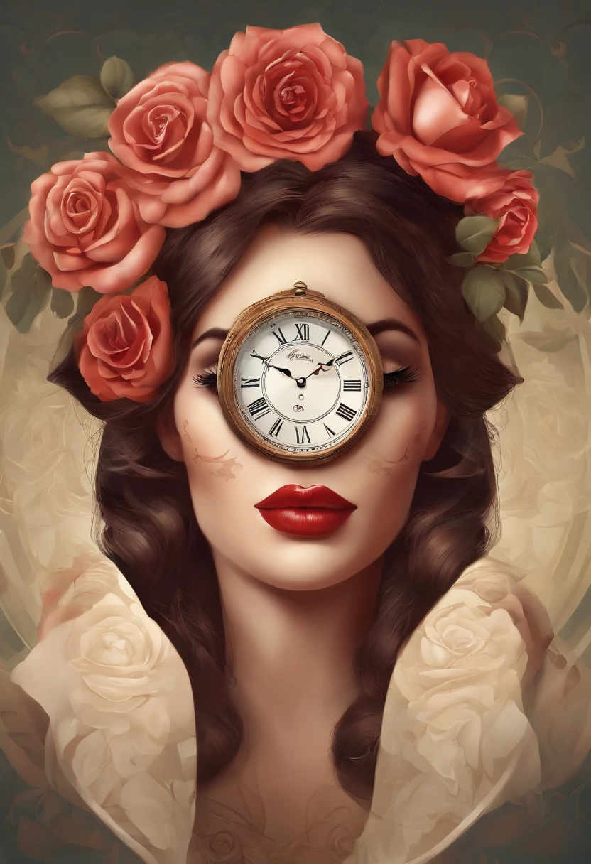 There was a woman with a rose and a clock stuck in her hair, vector art by Radi Nedelchev, Trend of CGsociety, Digital art, in style of digital illustration, Detailed face, surreal image, Peel off the forehead, Redlip, Exquisite digital illustration, in style of digital painting, Stylized digital art, Stylized digital illustration, Beautiful art UHD 4 K, stunning digital illustration