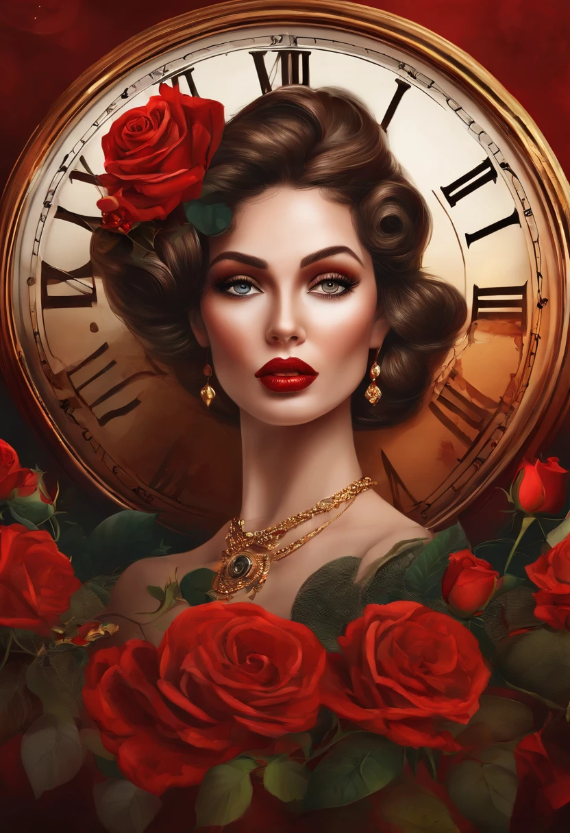 There was a woman with a rose and a clock stuck in her hair, vector art by Radi Nedelchev, Trend of CGsociety, Digital art, in style of digital illustration, Detailed face, surreal image, Peel off the forehead, Redlip, Exquisite digital illustration, in style of digital painting, Stylized digital art, Stylized digital illustration, Beautiful art UHD 4 K, stunning digital illustration