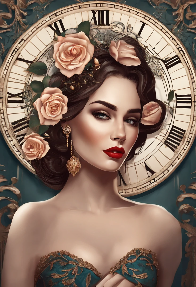 Imagem photo realista, round pocket watch, Inside the clock telling the time is a nude woman in front, Loire Cheérleader, seios pequenos, pelos pubianos. Fundo da imagem parede de rosas vermelhas