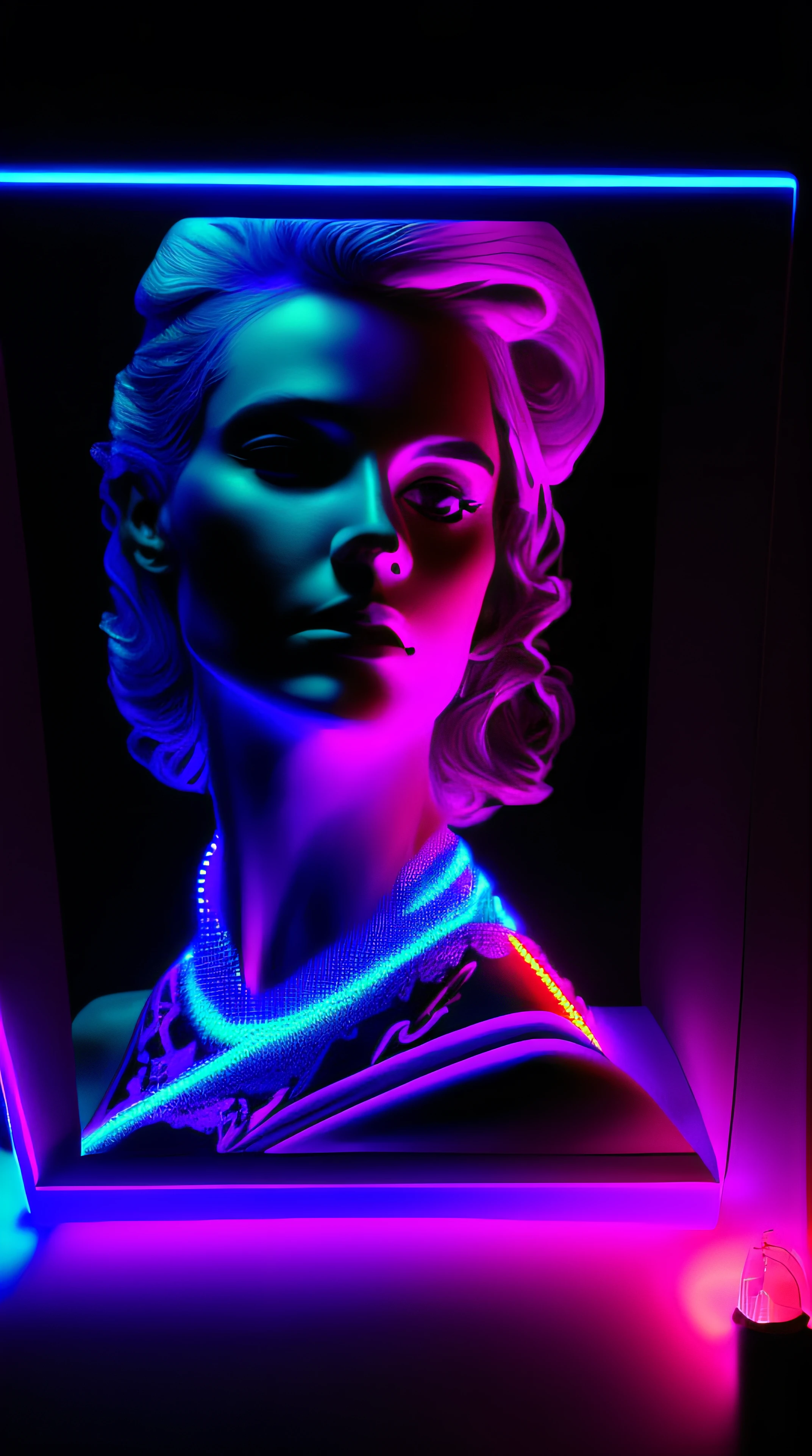 a picture of a (3DMM picture of a woman, (3 d depth of field: 1.4)) in a 3 d picture frame, 3DMM frame of lights, illusion of disappearing to infinity, RGB led point lights disappear inward from edge, infinity mirror, 3 d neon art of a womens body, psychedelic photoluminescent, vivid!!, psychedelic lighting, psychedelic black light, by Jon Coffelt, lsd visuals, neon version of style jim burns, ledspace, skin made of led point lights, RGB led effects