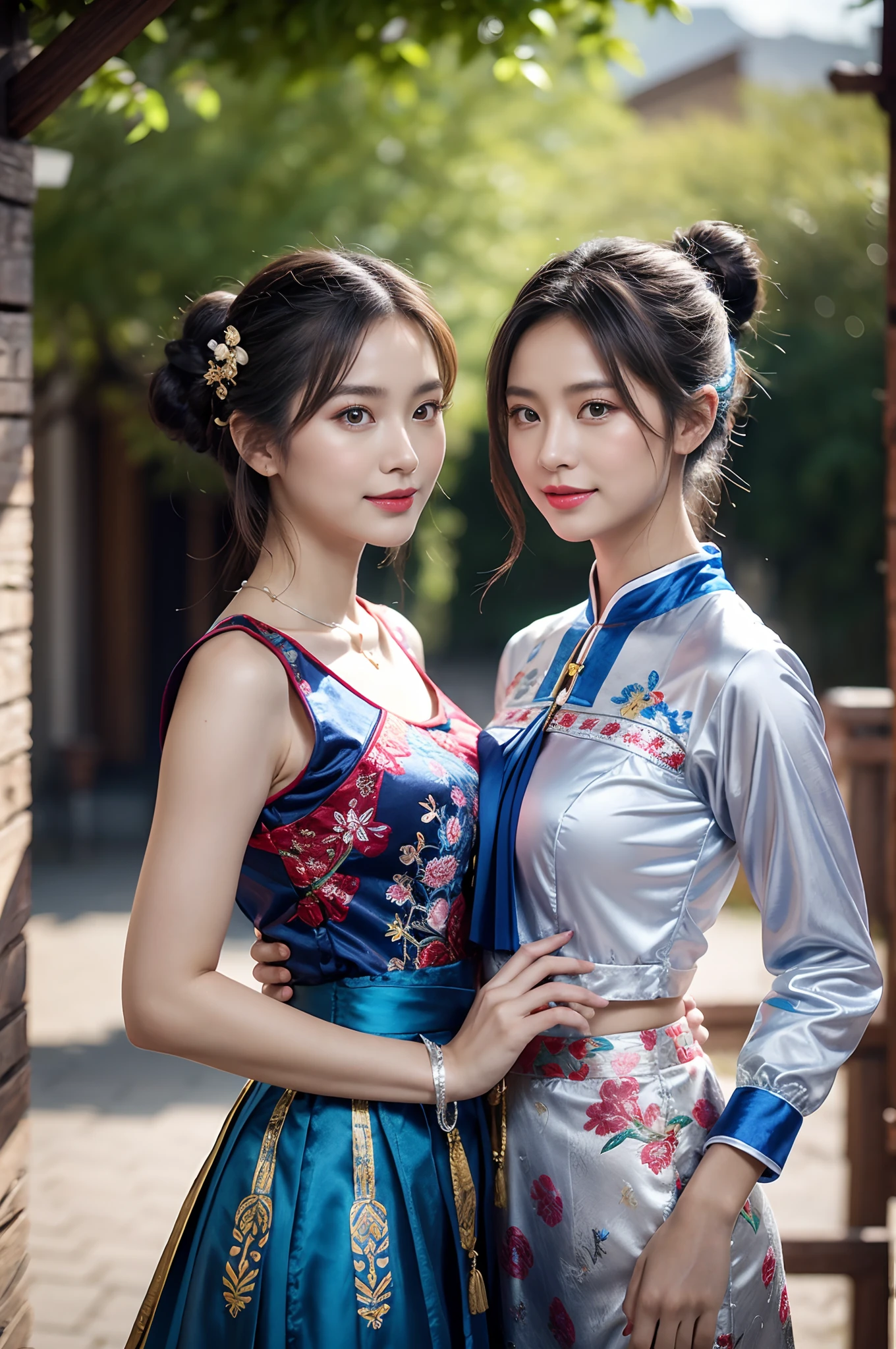 high-level image quality、closeup portrait:1.4,detailed faces,Like a shot with an SLR、Sensual body,thighs、slit、Painting a work of art depicting two women in a tanslucent traditional cheongsam sitting together,duo,((sisterhood)),front view,rendering by octane, hdr,leering:1.3,topknots,hairbuns,Chinese hair ornament:1.4,Chinese hairpins:1.4,Chinese hairsticks:1.4,Fireflies, night, starry sky, jewelry,light particles, (fantasy: 1.2), stars, fantasy,