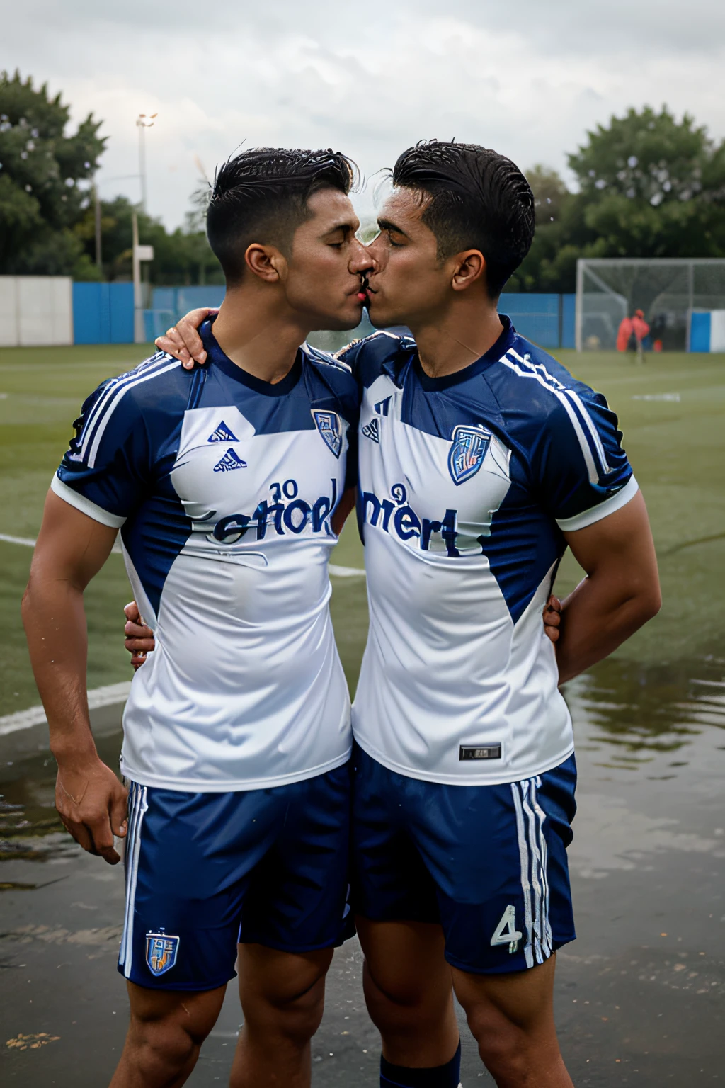 Two latino men in wet soccer kit kiss