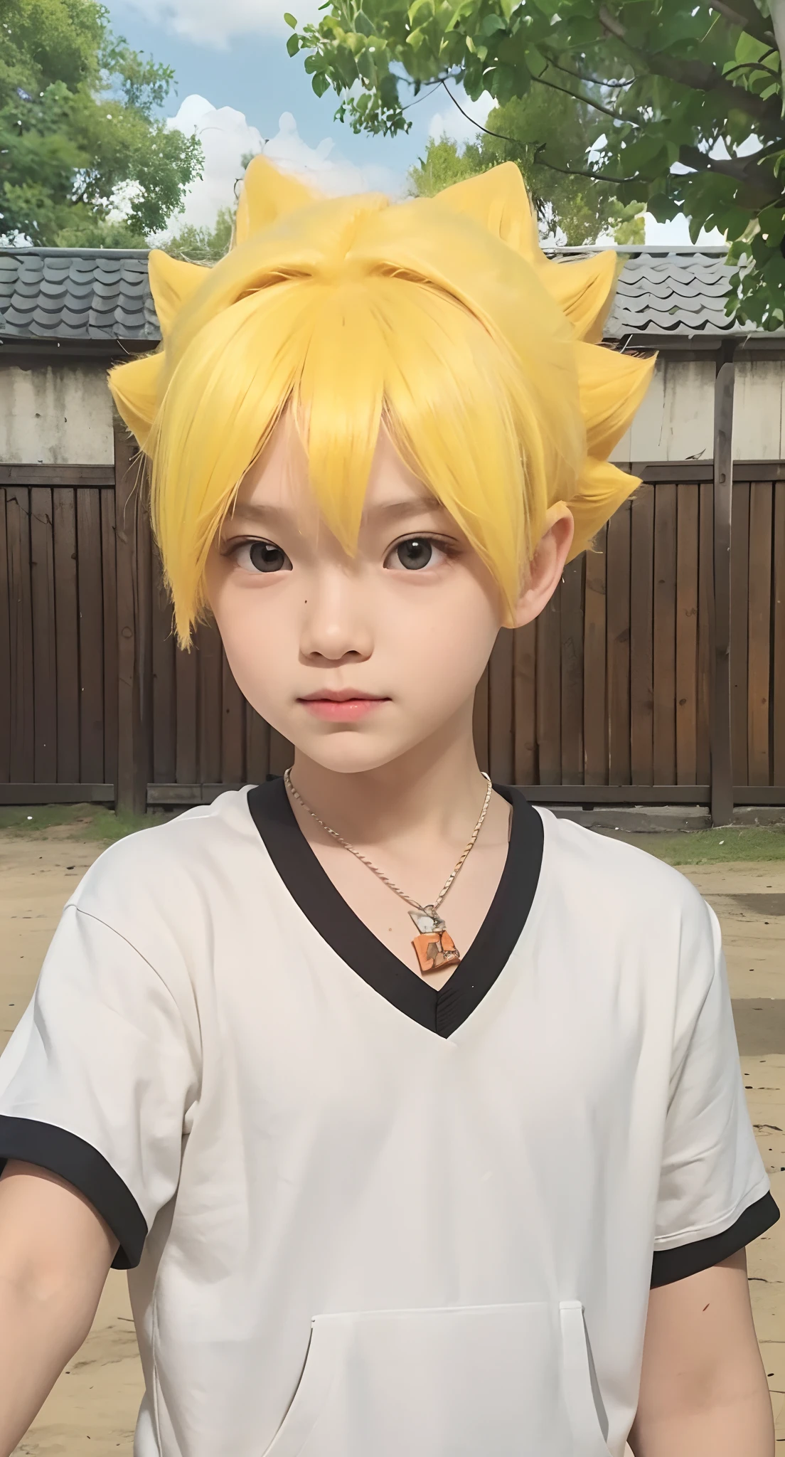 Real life adaption of this character , The handsome face of a little boy, realistic same hair , (realistic same Hoodie outfit), realistic background , realistic light, realistic shadow, realism, hyper realistic,(photorealistic:1.2), normal small eyes,