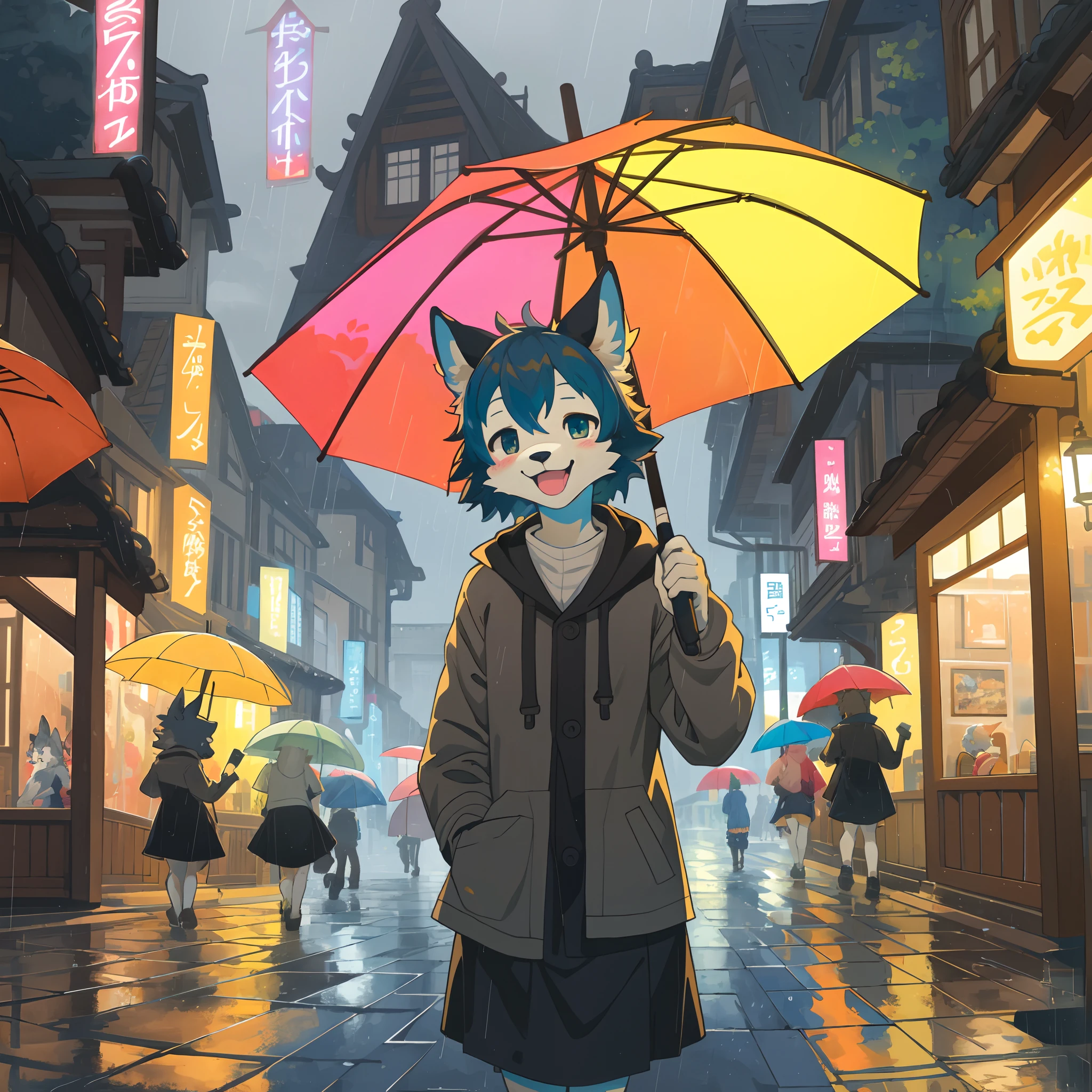 cover_page, highres, top quality, best quality, paid reward available, High-quality illustrations, unparalleled masterpiece, perfect artwork, absurdres, super high resolution, detailed background, rainy day, colorful Umbrella, 6+boys, 6+girls, Happy, joyful(Photos of solo travelers)(kemono, furry anthro),