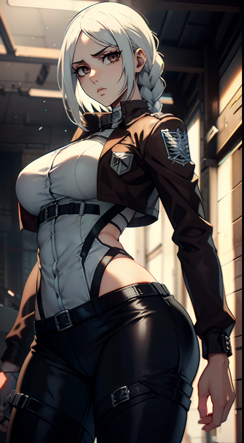 photo portrait, Beautiful figure, Lucy from the anime series Cyberpunk Edge Runner, a 1girl, facing the viewer, Beautiful figure (Proper Anatopy 1.1.), in full height (Body Full 1.1), Slim, Slender figure, Slender figure, shapely legs, leather pants, Anime style, white colored hair, white colored hair, that disappear at the ends, Bob hairstyle, short white jacket, tight black suit, Cutouts on the shoulders, Cutouts on the chest, Skinny black leather pants, Very detailed face, Very beautiful face, Very sexy ass, in full height (Body Full 1.1), Tall android girl, small elastic breasts, Little ass, Glitter Head Mask, Hair is gathered in a braid, Beautiful slim figure, small buttocks, A braid around the head, Round braid, Red Star in the Forehead, Short Brown Jacket, black tight suit, darkly，gris & Dark Style：1.1), Light, femininity，tmasterpiece，beste-Qualit，higly detailed，Visible to the feet， 8K resolution， High Sharp， 8K resolution， higly detailed， 8K UHD， Professional lighting， Photon mapping，physical based rendering， a perfect face， detailed face and body， ray traced， expressive look， Cinmatic Lighting，elastic small breasts, Heightened sexuality，