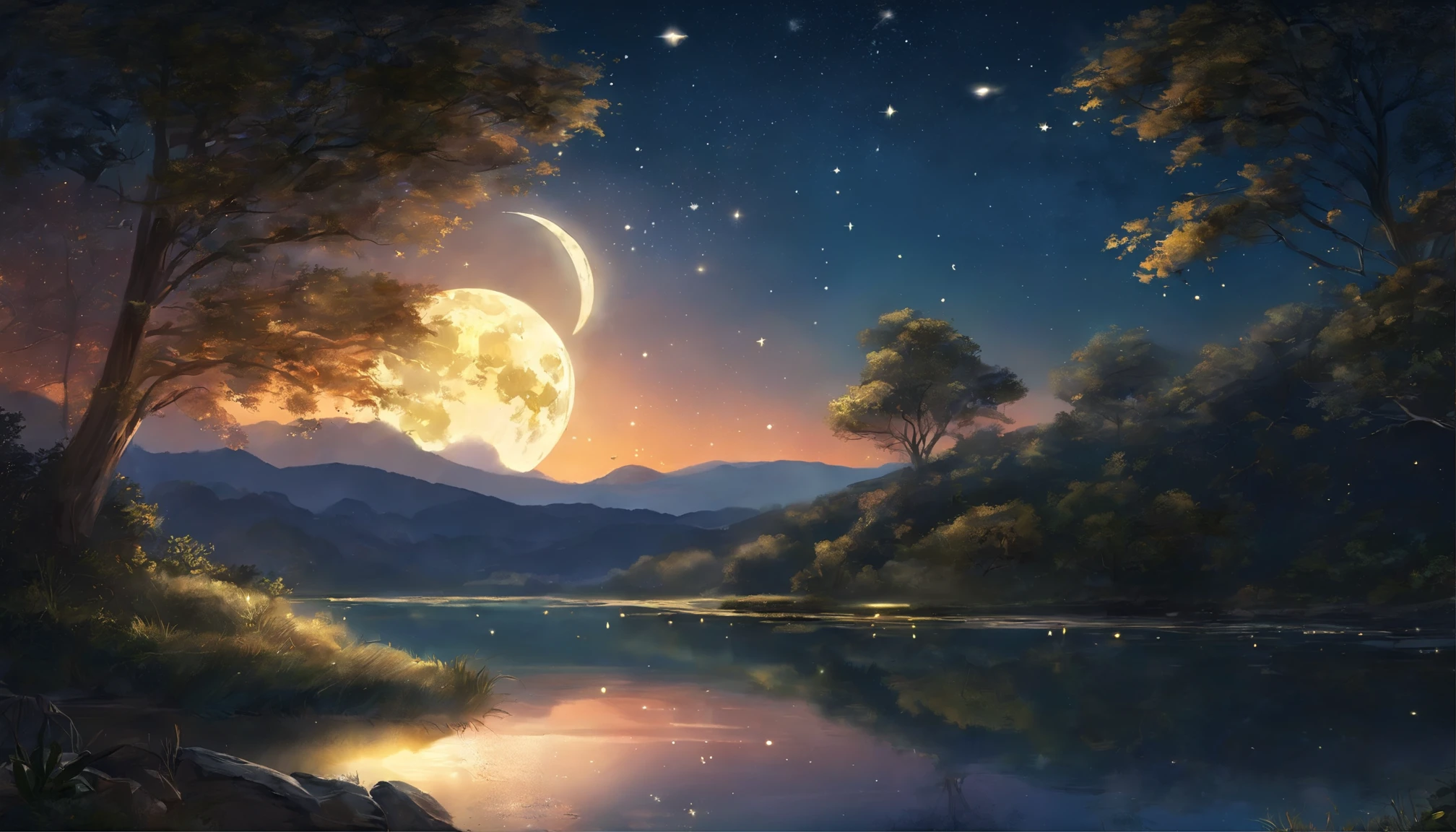 A painting of a river with stars and moon in the sky, concept art inspired by Tosa Mitsuoki, pixiv contest winner, best quality, fantasy art, beautiful anime scene, a bright moon, moonlit starry environment, dream painting, Anime Background Art, Fantasy Landscape Art, Fantasy Night, Anime Background, Background Artwork, Fantastic Art, Atmospheric Anime, Starry Sky, Detail Enhanced.