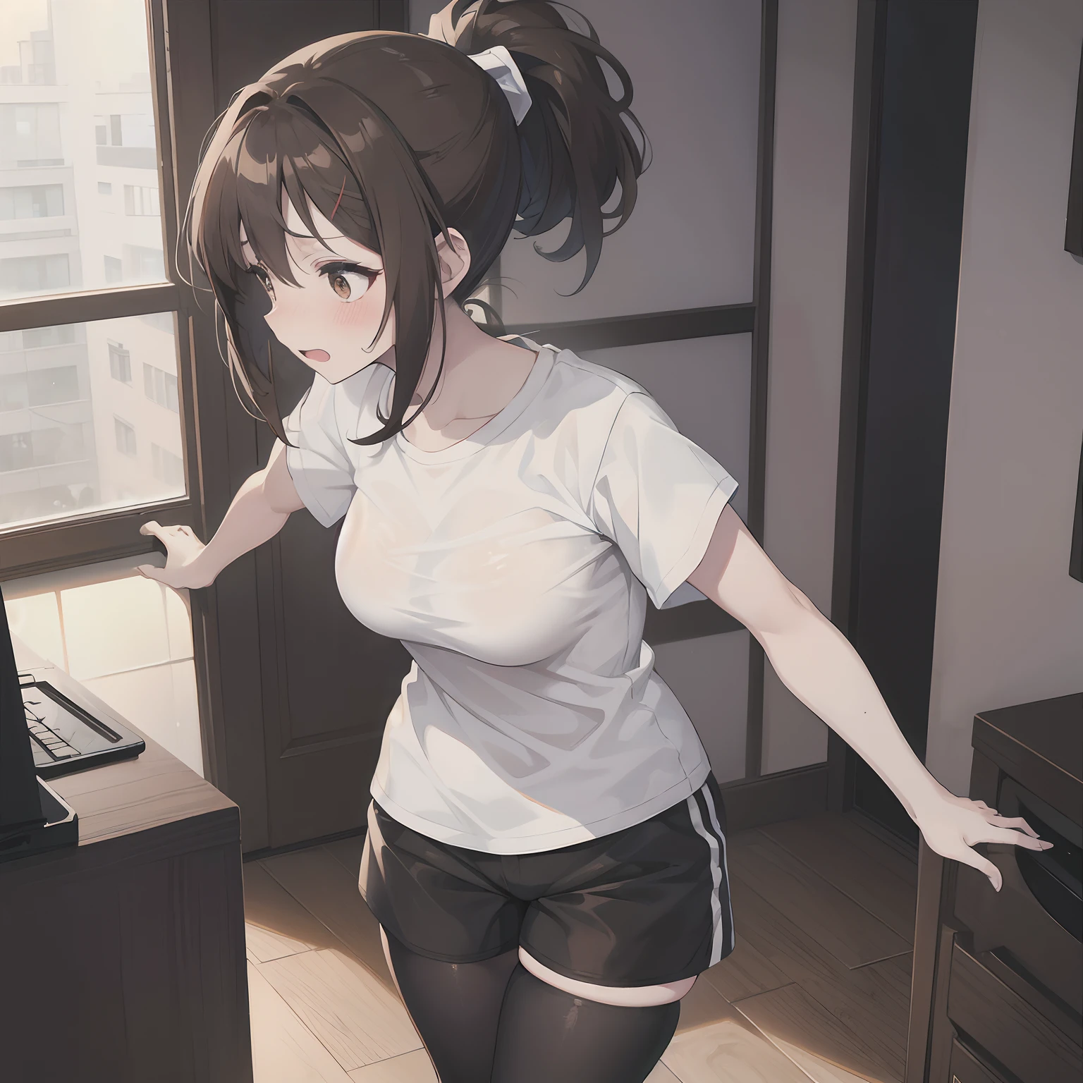 "anime girl, 1 person, dark brown hair, ponytail, ponytail, brown eyes, t-shirt, white t-shirt, tights, shorts, big breasts, blushing, solo, front view, (  full HD 4K+ images)"