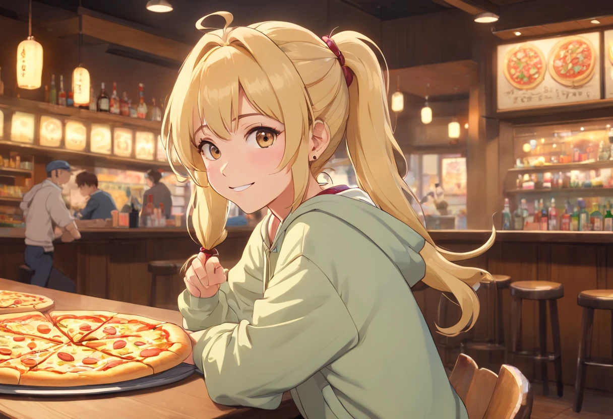 best quality, ((masterpiece)), highly detailed, seductive blonde woman, smile, shy, double twisted pony tails, hair styled in loose waves, cute hair accessories, wearing lots of jewelry, earings, bracelets, bending over towards viewer, backshot, sitting on pizza in bar hoody, gym shorts