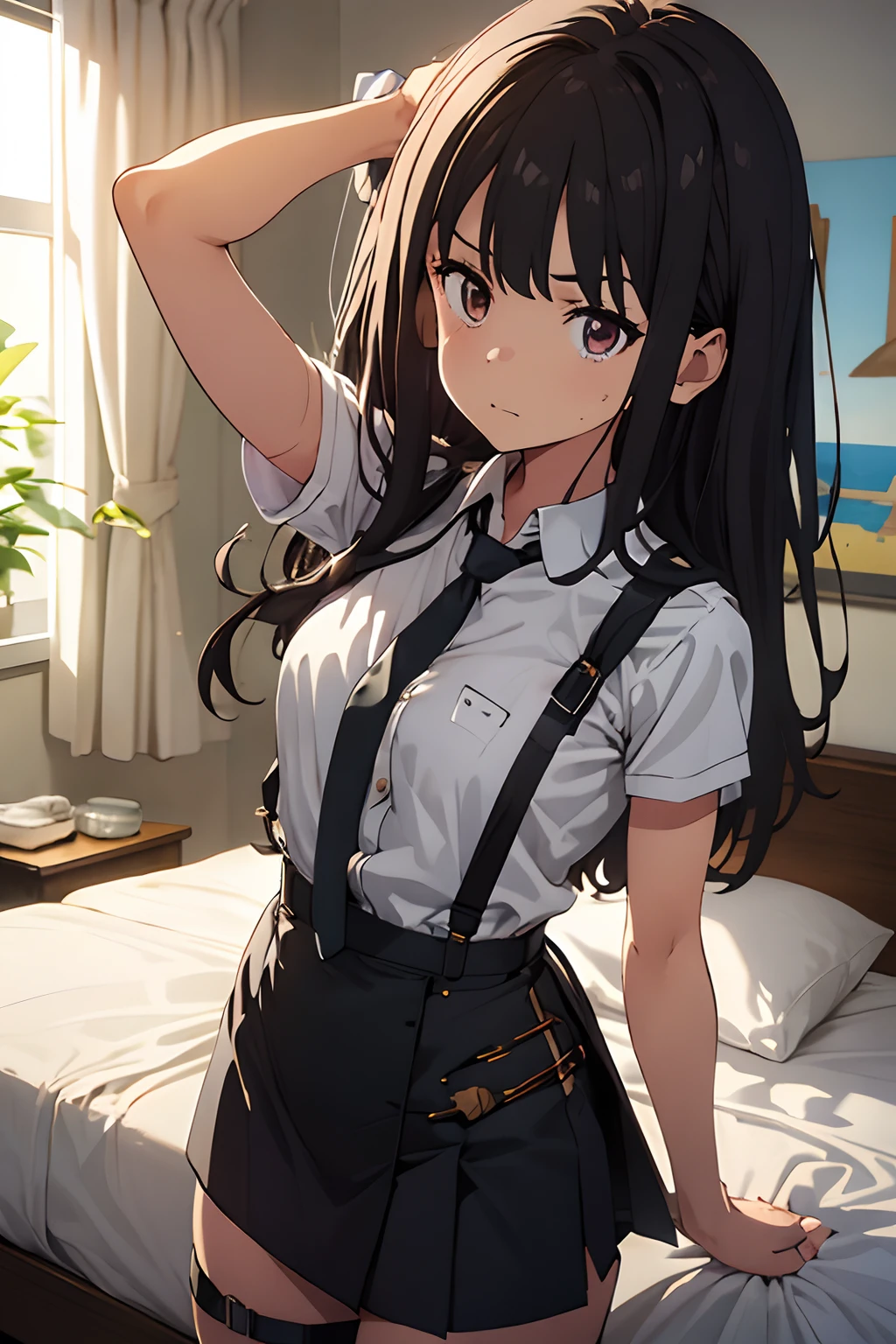masterpiece、flat-colors、depth of fields、lens flare 1 girl、、Brown hair、watching at viewers black suspenders Bulging big breasts Armpit sweat perspiring Side of both hands walls: Black miniskirt garters Gaze Small face bangss flank holster Belt Armament Beautuful Women srestrained Hands behind your back On the bed Sleep in a leg holster bed Pants in the gap 20hindquarters