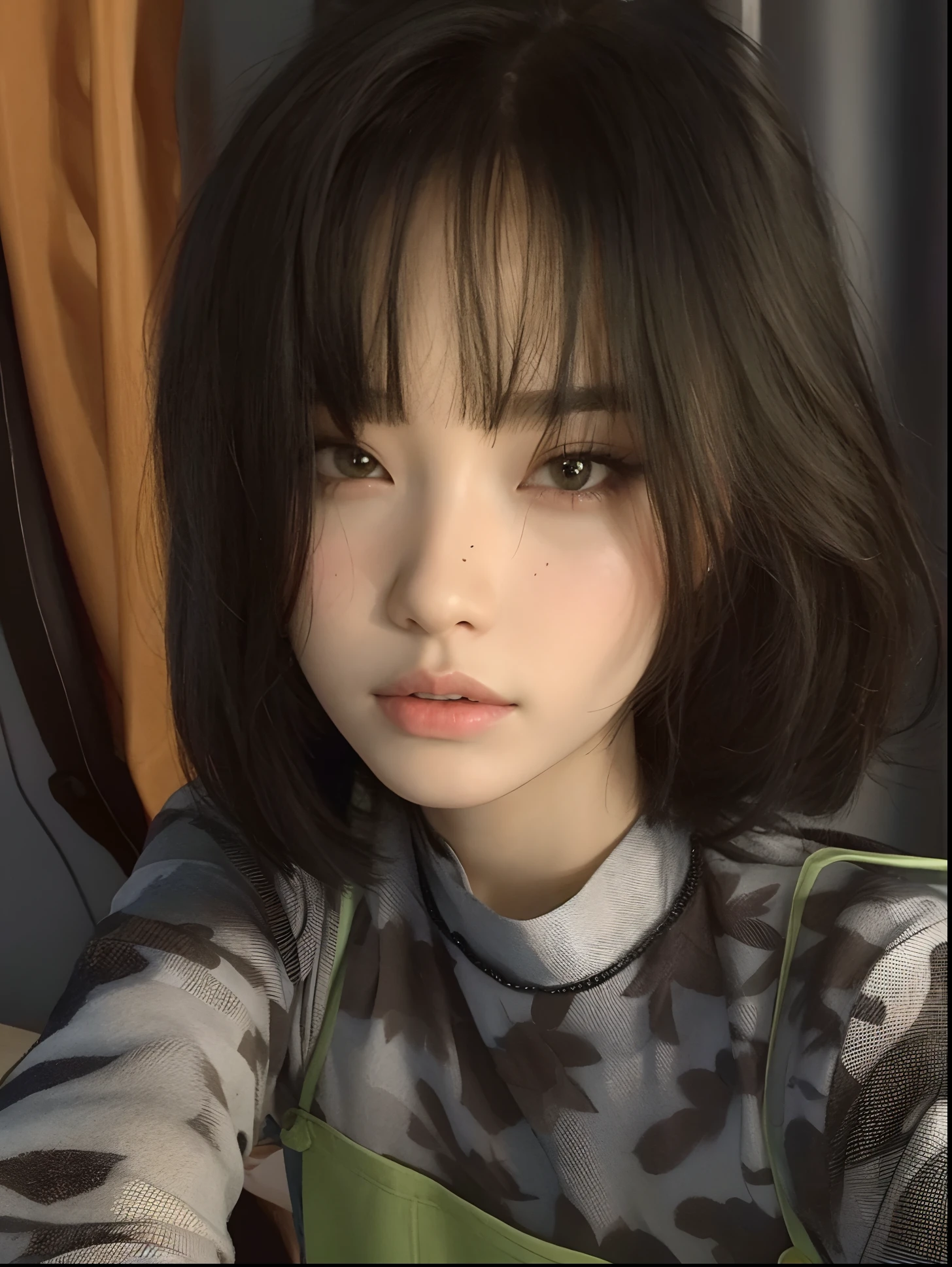 There is a young woman in a green apron posing for a picture, Ela tem cabelo preto com franja, com cabelo curto com franja, 🤤 retrato da menina, Menina anime na vida real, com franja, cabelo arrumado com franja, com cabelos curtos, bonito rosto de anime natural, preto hime corte cabelo, Ulzzang, com franja completa, menina bonito-fino-cara