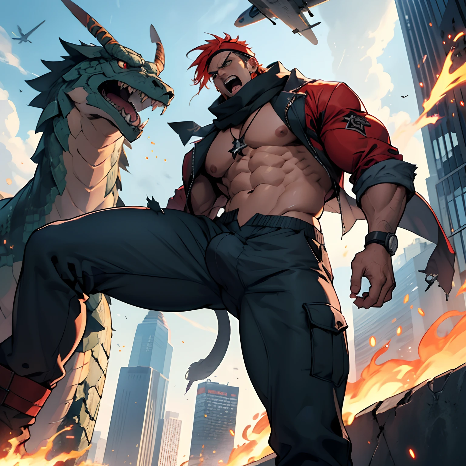Hunky giant and giant serpent wrestling, for ce battles, widespread destruction,headband, jacket, scarf, helicopters and airplanes in the sky attacking the characters, broken building, giant, 600 feet tall, giant VS Kaiju,hollow hexagram pendant, , pants,serpent around skyscraper flexing, angry, open mouth, screaming, (punching:1.1), metropolis, day, spotlight, hard light, from below, foreshortening, , extremely muscular masculine character, flame hair, huge bulge, 8 pack abs, erotic,giant,Jewish star