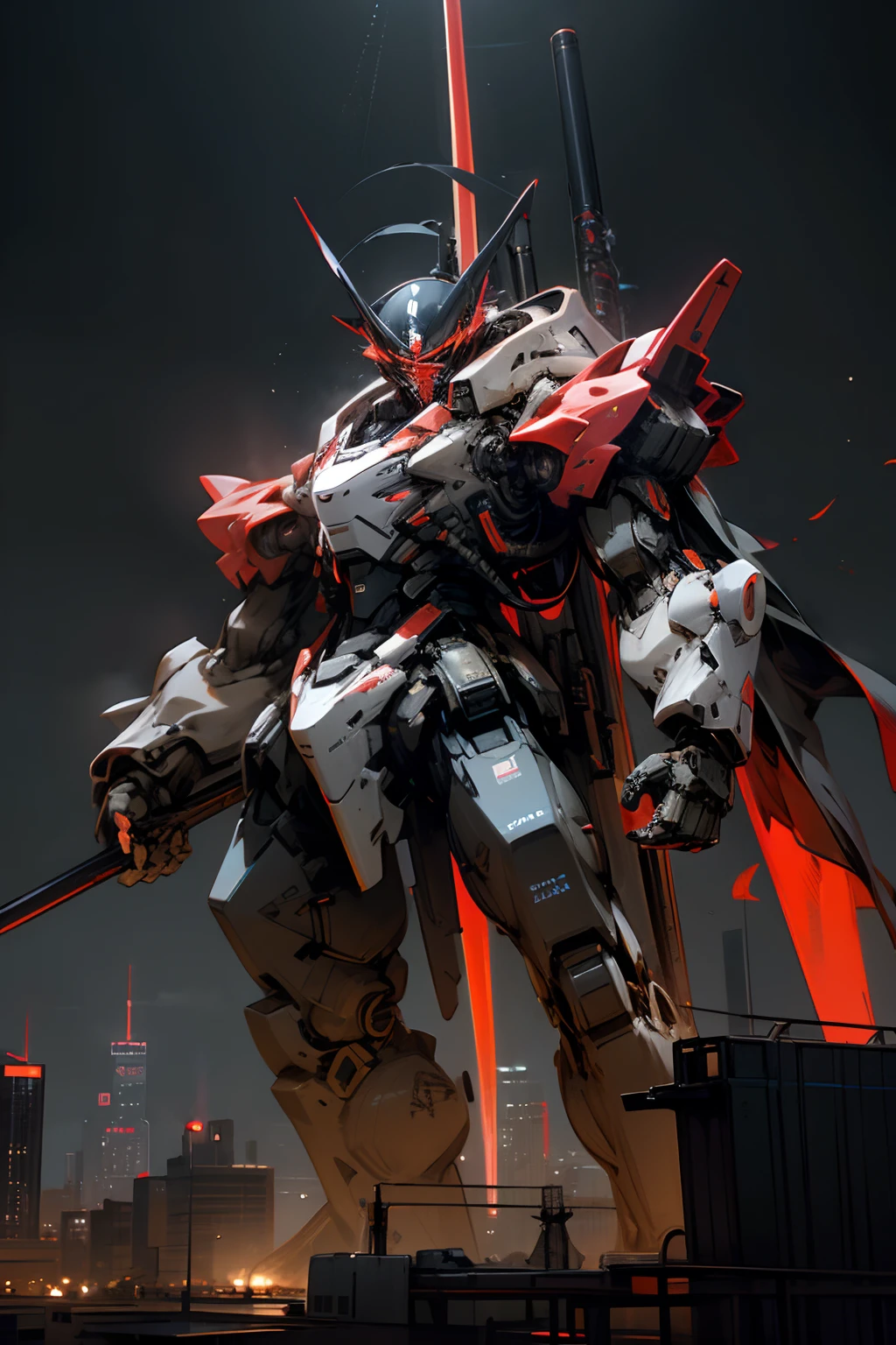 天空、云、holding_weapon,no_humans,SHINES、机器人、built、glowing_eyes,mechs、sience_fiction,Towering over the city、realisitic、Carbon black and red coloring、Matte finish、Lenovo's ThinkPad,ThinkPad _X1_carbon,Lenovo,Giant Mecha、Faraway view