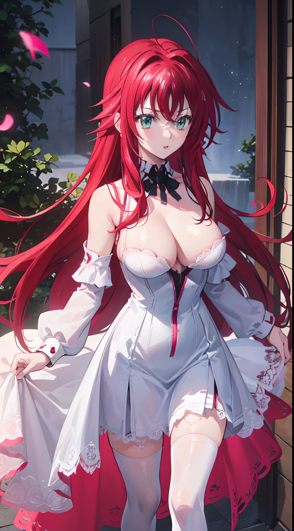 realistic, 1 girl, rias gremory, red hair, white hair, green eyes, light eyes, white and pink wedding dress, red dress, pink tights, parted lips, pink cheeks, night, flower, sun, sunlight,(thin breasts), breast augmentation, beautiful breasts, cleavage, exposed , (best quality 4k)