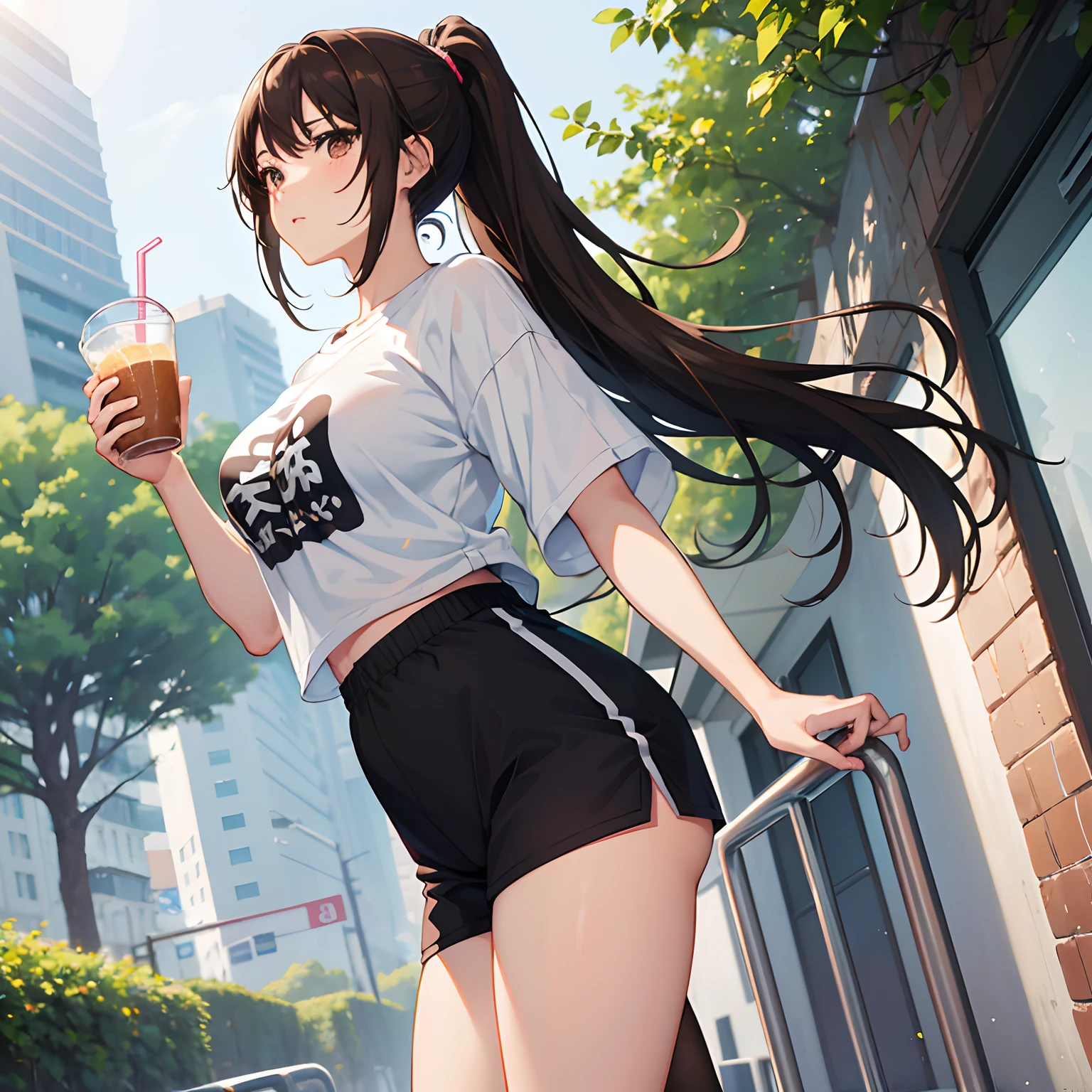 "anime girl, 1 person, dark brown hair, ponytail, ponytail, brown eyes, t-shirt, white t-shirt, tights, shorts, big breasts, blushing, solo, front view, standing legs crossed, hand holding a smoothie, drinking water. (full HD 4K+ image )"