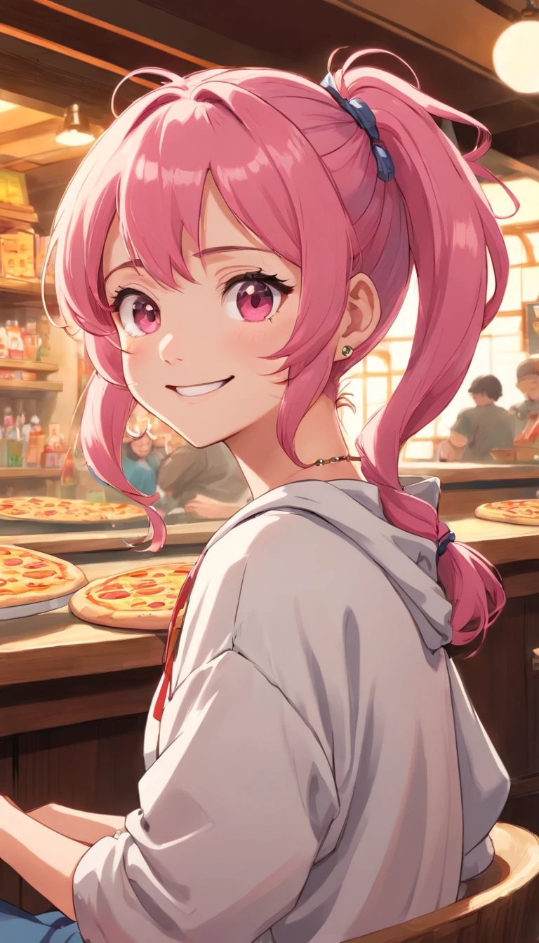 best quality, ((masterpiece)), highly detailed, seductive pink hair woman, smile, shy, double twisted pony tails, hair styled in loose waves, cute hair accessories, wearing lots of jewelry, earings, bracelets, bending over towards viewer, backshot, sitting on pizza in bar, hoody, gym shorts