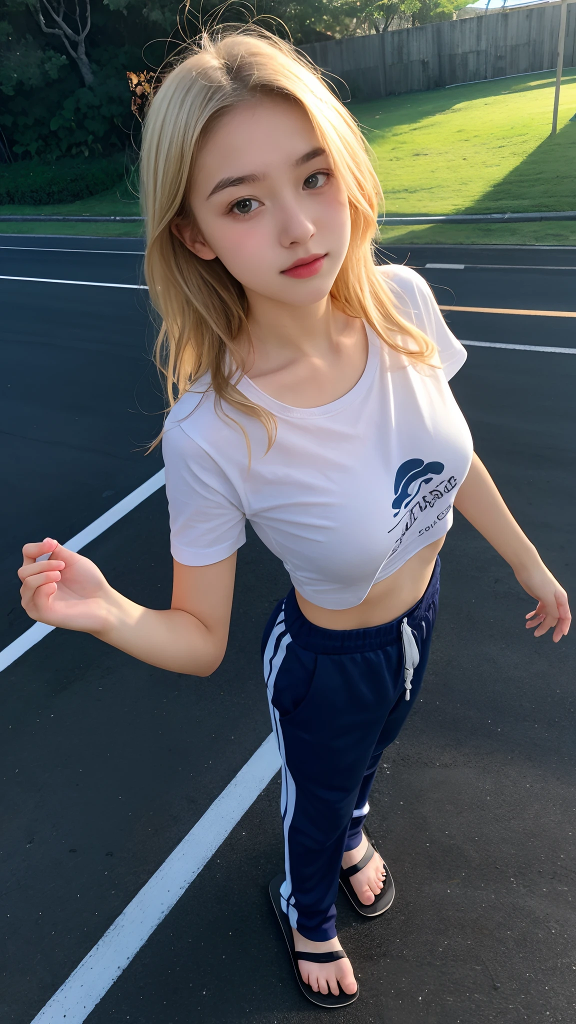 16 year old pre-teen, European, Blonde, Small breasts, Big eyes, Long legs, close-up on breasts, t-shirt, track pants, Hawaiian flip flops, Extremely high angle shot, on top of girl, ray tracing, HDR
