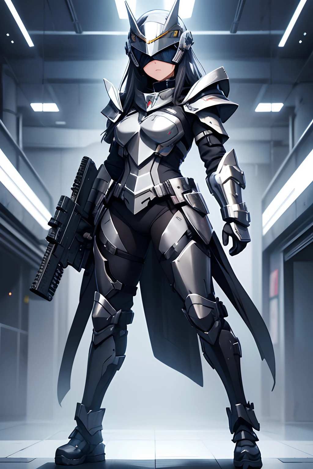 artistic,anime,portraits,high-res,vivid colors,woman,teenager,templars,metallic full body armor covering her whole body,metallic whole helmet covering her entire head,metallic face shield covering her eyes,no eyes,modern standing pose,holding assault rifle in her two hands,long hair,graceful costume,sharp focus