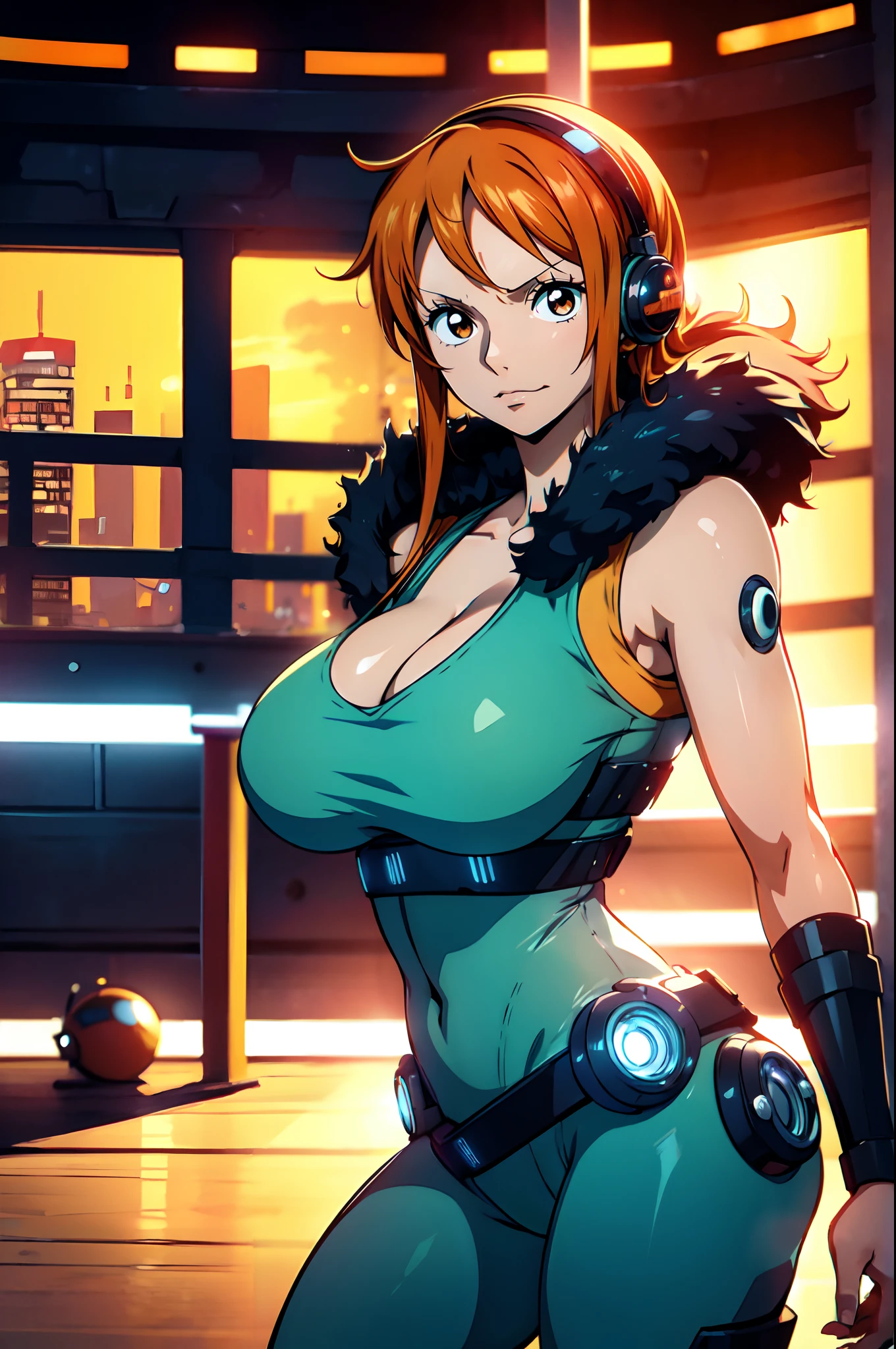 Nami from One Piece, orange  hair, beautiful brown eyes ((wearing  cyborg lutex cloth)),wearing headphones, furry cyborg cloth, sexy ass, sexy boobs, lewd pose ,full body, arms behind back (futuristic cyborg surrounding city) (best quality, 4k, 8k, highres, masterpiece:1.2), ultra-detailed, and (realistic, photorealistic,  HDR, UHD, studio lighting, ultra-fine painting, sharp focus,