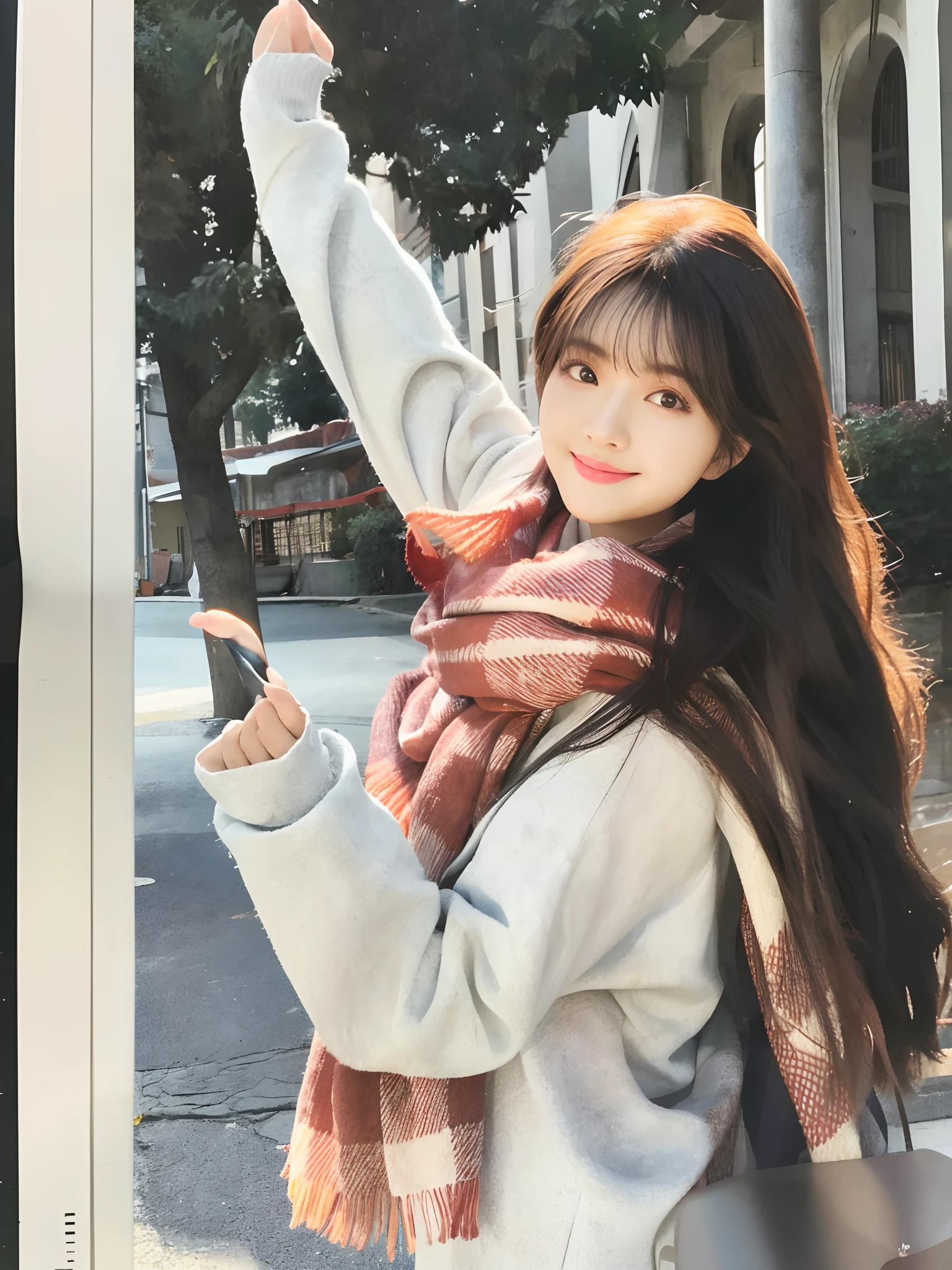 there is a woman with a cell phone in her hand, ulzzangs, sakimichan, bae suzy, 🍁 Cute, Korean girl, tzuyu from twice, magazine scan, magazine photograph, Shin Jinying, korean women's fashion model, Large scans, inspirado por Kim Jeong-hui, Kim Do-young, inspired by Ma Yuanyu, Scarf