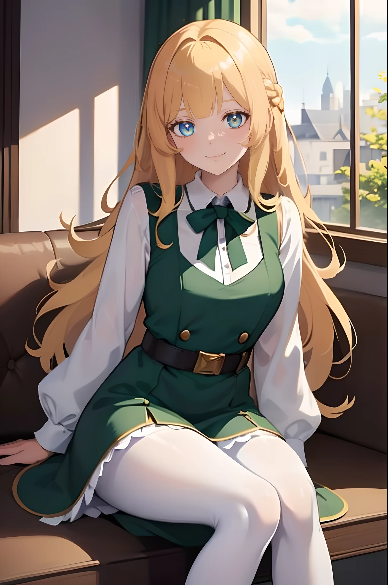 ,masterpiece,best quality, solo, 1 girl, female figure, yellwo hair, hime cut, blunt bangs, extra long hair, crystal blue eyes, sharp detailed eyes, white pantyhose, long sleeves,  dark green griffin style dress, hallway window, elegant, good details, golden blonde hair, smile, green dress, cowboy shot, sitting crossed legs, voluminous hair, wavy hair, good lightning, belt, braided hair half-up