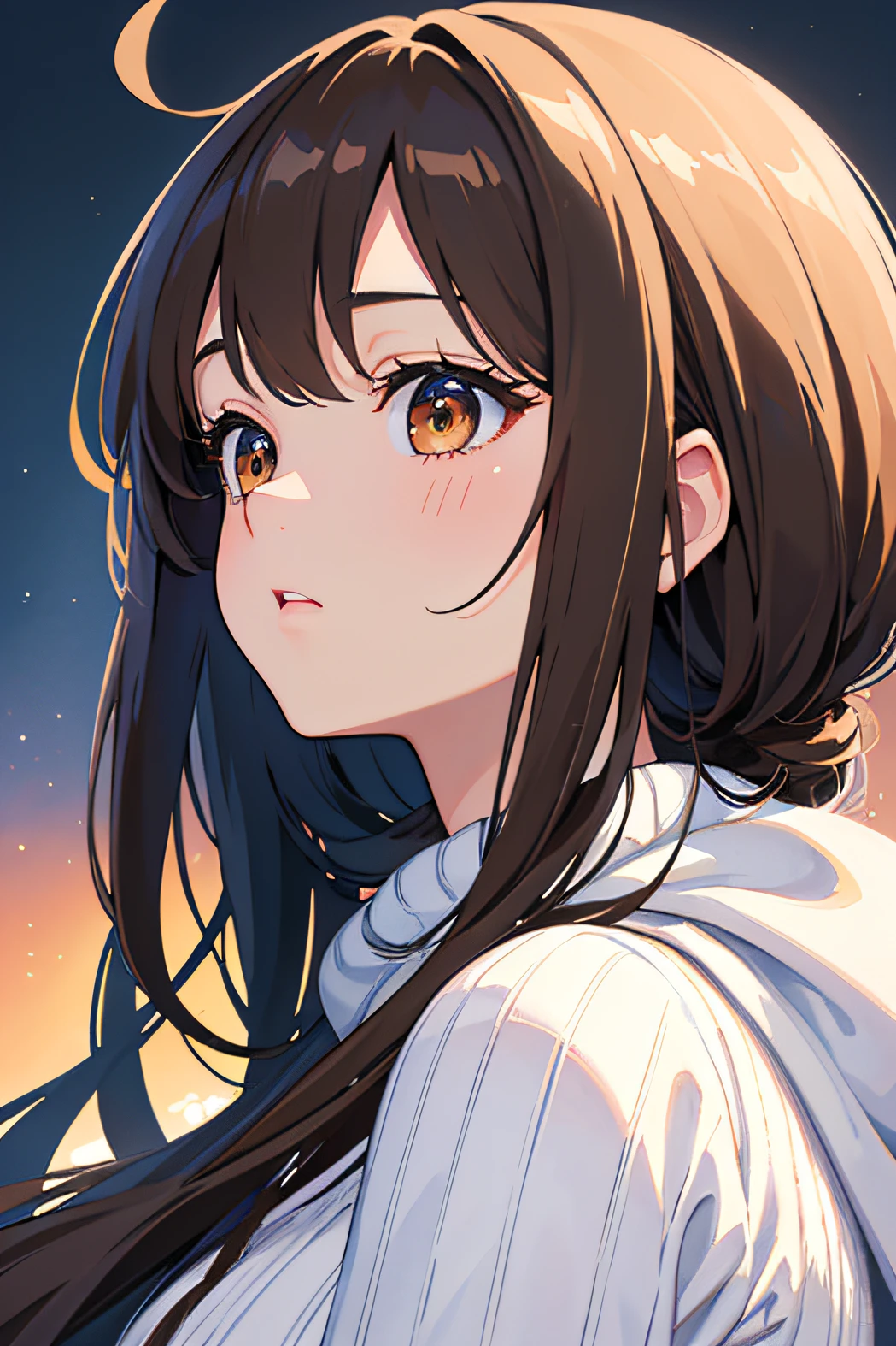 (​masterpiece:1.2、top-quality)、(Fine and beautiful eyes: 1.2)、((1girl in))、((独奏))、(Brown eyes:1.4)、(finely eye and detailed face:1.3)、(Beautiful clear background:1.2)、(super-detailed CG、Super refined、Best Shadow:1.1)、((depth of fields))、((watercolor paiting))、(onimous:1.5)、(White knitwear:1.3)、Colossal tits、(white backgrounid:0.5)、(illustratio:1.1)、(Very fine and beautiful:1.1)、(perfect  detail:1.1)、From Side、 shots、