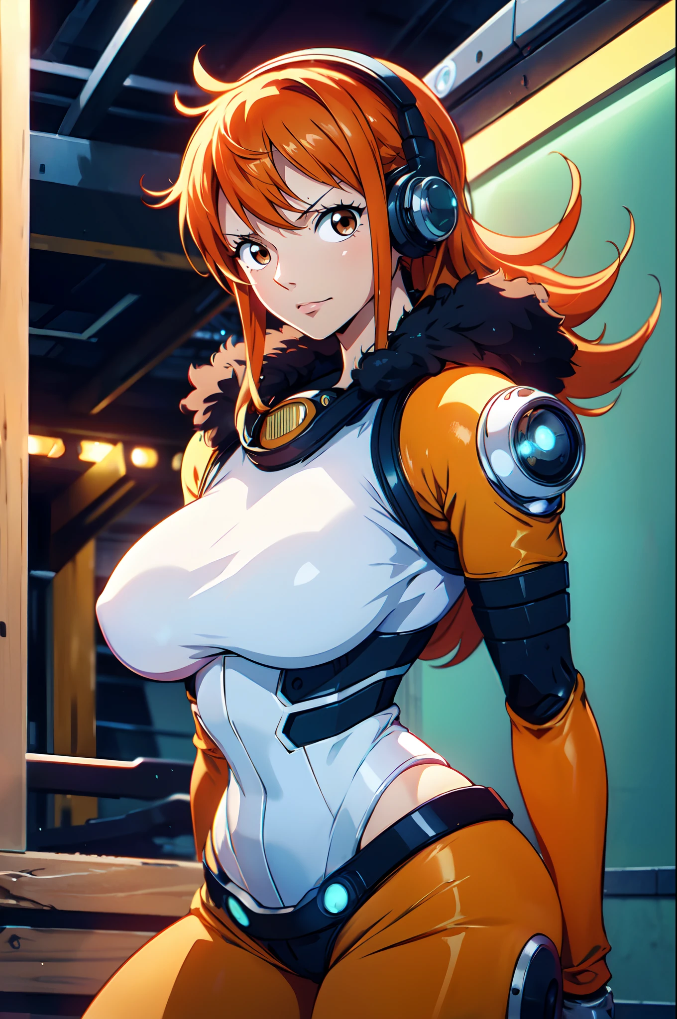 Nami from One Piece, orange hair, beautiful brown eyes ((wearing cyborg lutex cloth)),wearing headphones, furry cyborg cloth, sexy ass, sexy boobs, lewd pose ,full body, arms behind back (futuristic cyborg surrounding city) (best quality, 4k, 8k, highres, masterpiece:1.2), ultra-detailed, and (realistic, photorealistic, HDR, UHD, studio lighting, ultra-fine painting, sharp focus,
