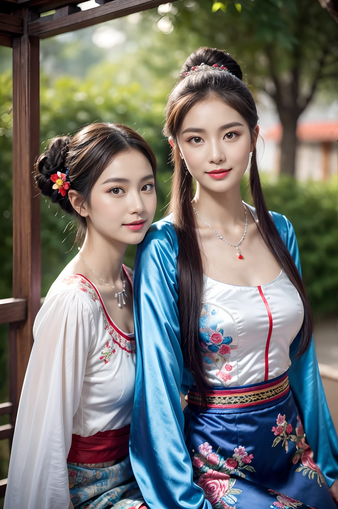 （8K分辨率，Vista full body photo），（closeup portrait of two women,sitting together,Detailed Face, front view, Look at the camera,duo,stroking,leering:1.4,20yr old,delicate face，详细的脸，Redlip，Fair smooth skin，（Classic Hmong costume：1.4，（Satin fabric with flowers，The cuffs are multi-colored horizontal strips，Cardigans，Short waist long version），Silver products，Silver necklace，silver hair clip，hair-bun），（pleatedskirt，（Hmong embroidery、batik）），耳Nipple Ring，bangle，Tall and tall，Posture of conversation，perfect hand，Ultra-fine clothing material），（Traditional Xijiang Miao village，Festive party night background in cottage，Exquisite environmental details），（exhilarated，confident smile，Rejoice），（profesional lighting，动态照明），（（The colors are more balanced，（black in color，blue colors，red colour））），（Golden section，Cinema lenses，Hasselblad photograp，tmasterpiece：1.3），（Miaozhai idol，Focus on the field，trendsetting，Folklore artist，Art platform）