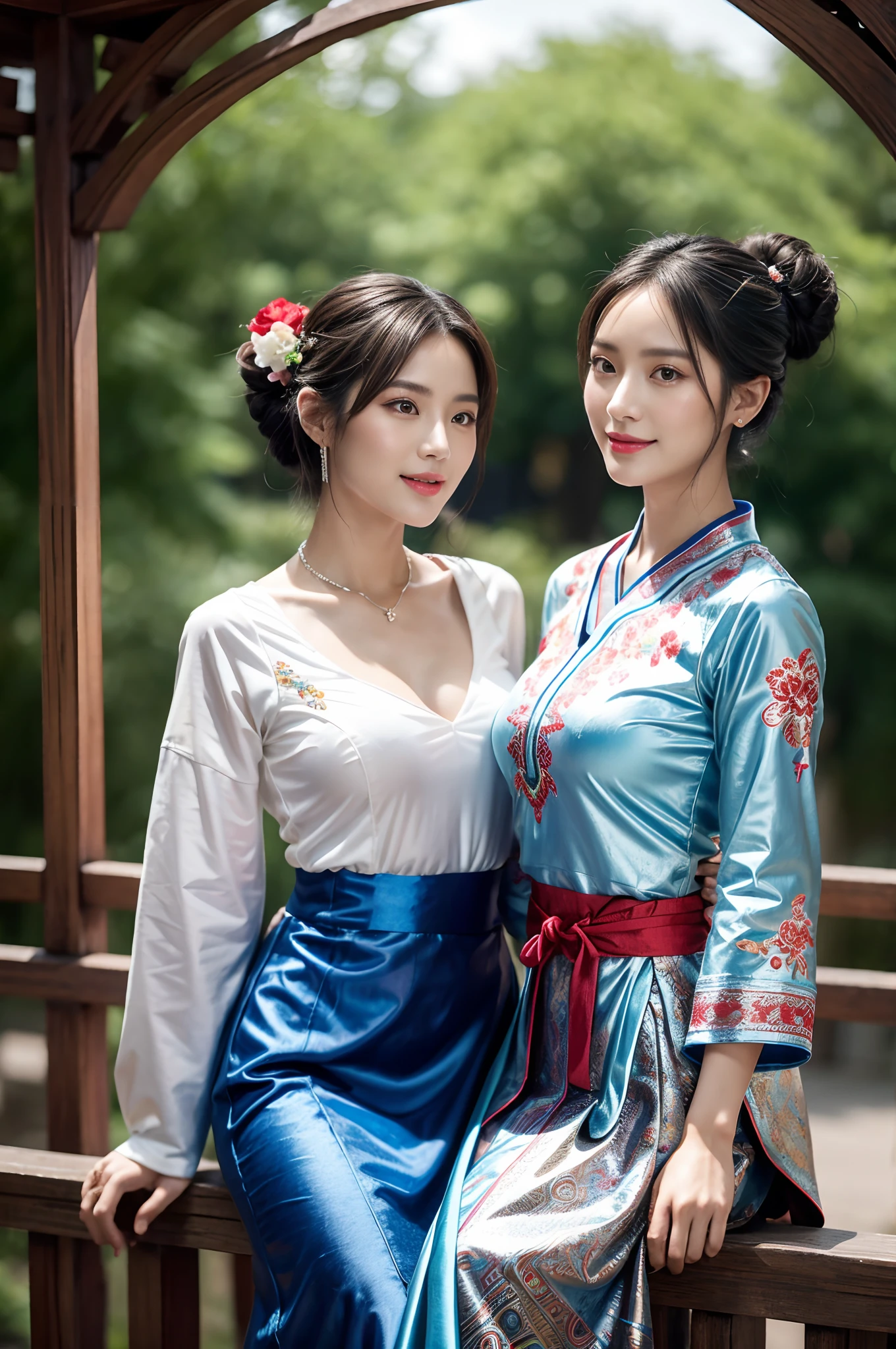 a couple of lesbians sitting together,leering:1.4,Taoist,single hair bun,(An ancient Chinese hairstick on her head:1.5),Use mahogany hairpins,(Revealing a translucent cheongsam),(Urzang-6500-V1.3,PureFace_V1,Octane rendering),Elegant Pose,xxmix girl woman,Perfect composition golden ratio,The proportions are the same for all races, All faces and pictures must be different, use all spectre of your different emotions from happiness to anger, Masterpiece, Best quality, 4K, Sharp focus. better hands, Perfect anatomy.