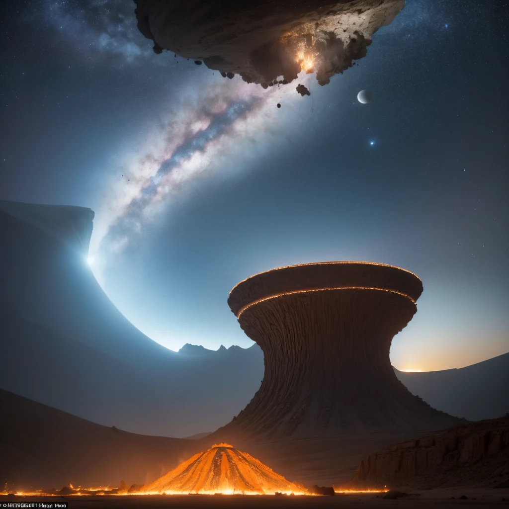 Alien base (Very detailed) In the mountainous desert,There are several exhaust fans and chimneys, Some spotlights come out of the base to illuminate dark places, (Extreme nights), Some clouds in the night sky, Some of the surrounding planets provide air to unknown planets,The farthest giant volcano is erupting