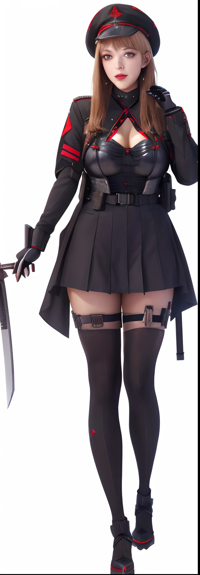 a close up of a person in a uniform with a hat and a sword, fine details. girls frontline, from girls frontline, female rouge assassin, girls frontline style, katanas strapped to her back, m4 sopmod ii girls frontline, cyberpunk outfit, dark natasha, pitch black skin, female outfit, dystopian scifi outfit, azur lane style, 2b