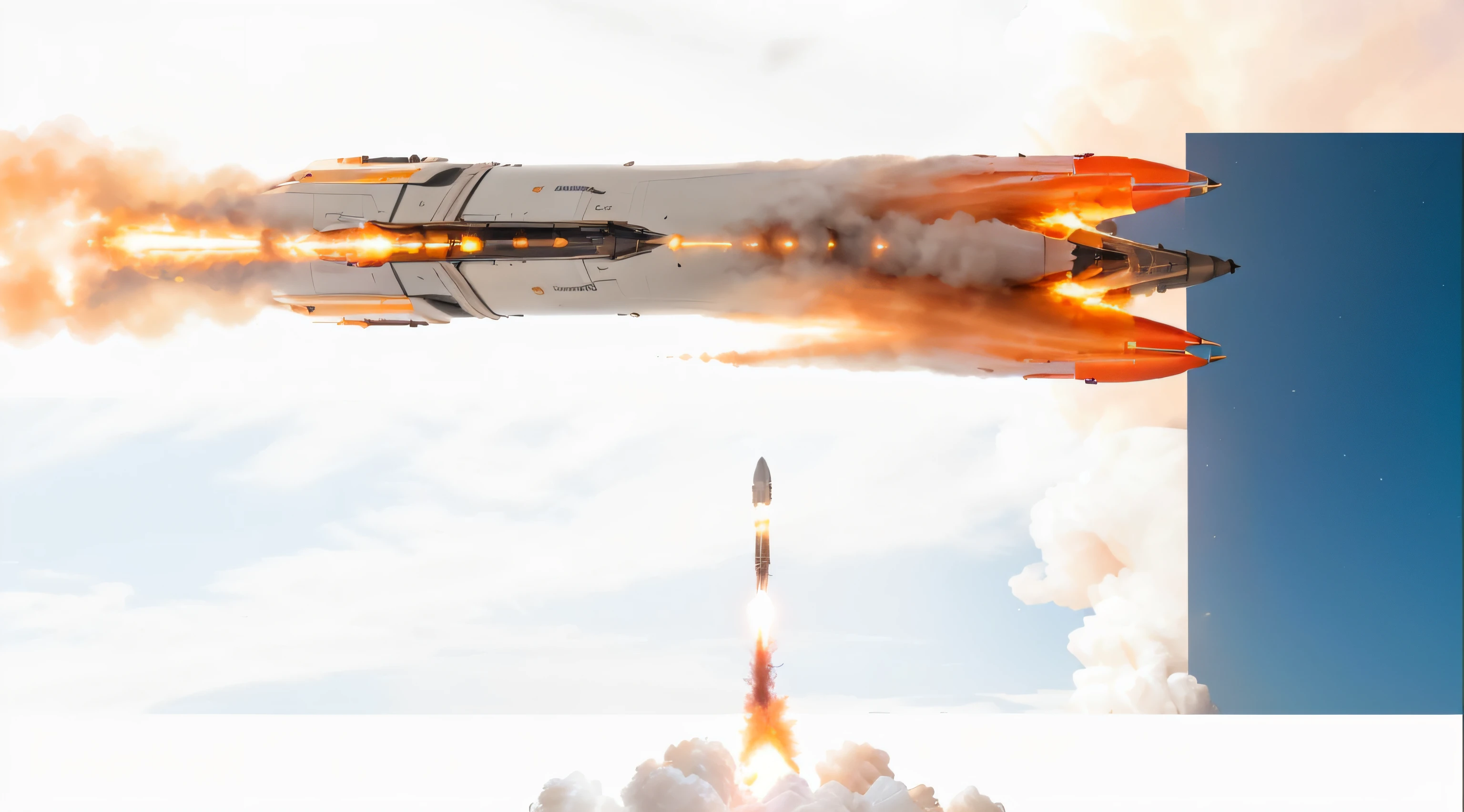 best quality,4k,8k,highres,masterpiece:1.2,ultra-detailed,realistic,physically-based rendering,sharp focus,professional,vivid colors

a space rocket launching into the sky, leaving a trail of smoke behind. The rocket is sleek and modern, with a metallic exterior glinting in the sunlight. The flames from the engines are powerful and intense, propelling the rocket upwards with incredible speed and force. The exhaust plume is a vibrant mix of oranges, reds, and yellows, creating a visually stunning spectacle. The sky is a deep, dark blue, contrasting with the brightness of the rocket and the plume. The overall atmosphere is one of excitement and anticipation as the rocket embarks on its journey into space.