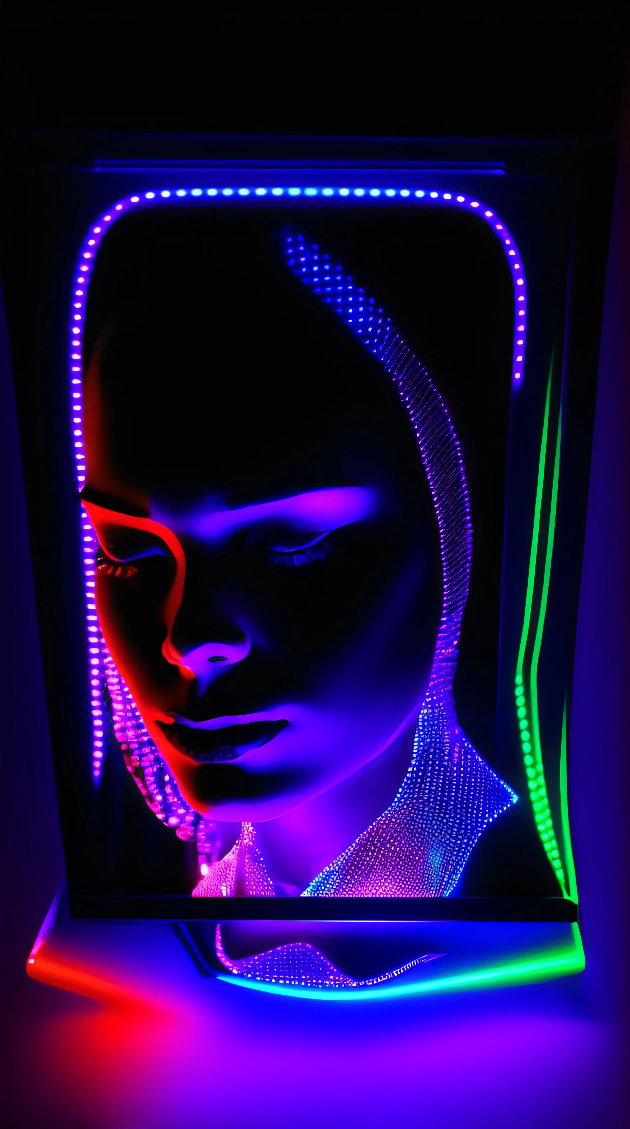 a picture of a (3DMM picture of a woman, (3 d depth of field: 1.4)) in a 3 d picture frame, 3DMM frame of lights, illusion of disappearing to infinity, RGB led point lights disappear inward from edge, infinity mirror, 3 d neon art of a womens body, psychedelic photoluminescent, vivid!!, psychedelic lighting, psychedelic black light, by Jon Coffelt, lsd visuals, neon version of style jim burns, ledspace, skin made of led point lights, RGB led effects