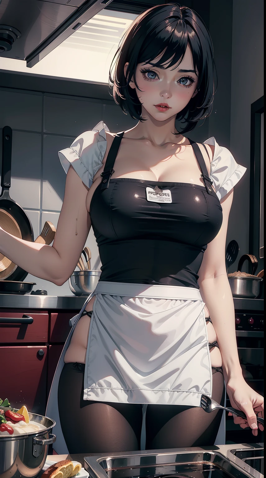 ((masterpiece)),(bestquality),((ultra-detailed)), ((beautiful detailed sky)), ((cinematic lighting)), depth of field, (dynamic angle),detailed lighting,(beautiful detailed eyes), ((kitchen, cooking)), (wearing only apron),red lip, eyeshadow,large breast, erotic, sexy, cleavage, bare thighs, (kugisakinobara)