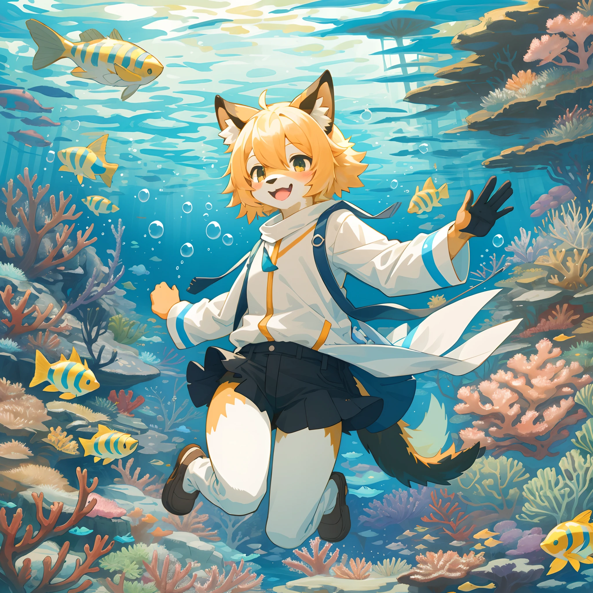 cover_page, highres, top quality, best quality, paid reward available, High-quality illustrations, unparalleled masterpiece, perfect artwork, absurdres, super high resolution, detailed background, Seabed, Coral reef, Bubble, 6+boys, 6+girls, Happy, joyful(Photos of solo travelers)(kemono, furry anthro),