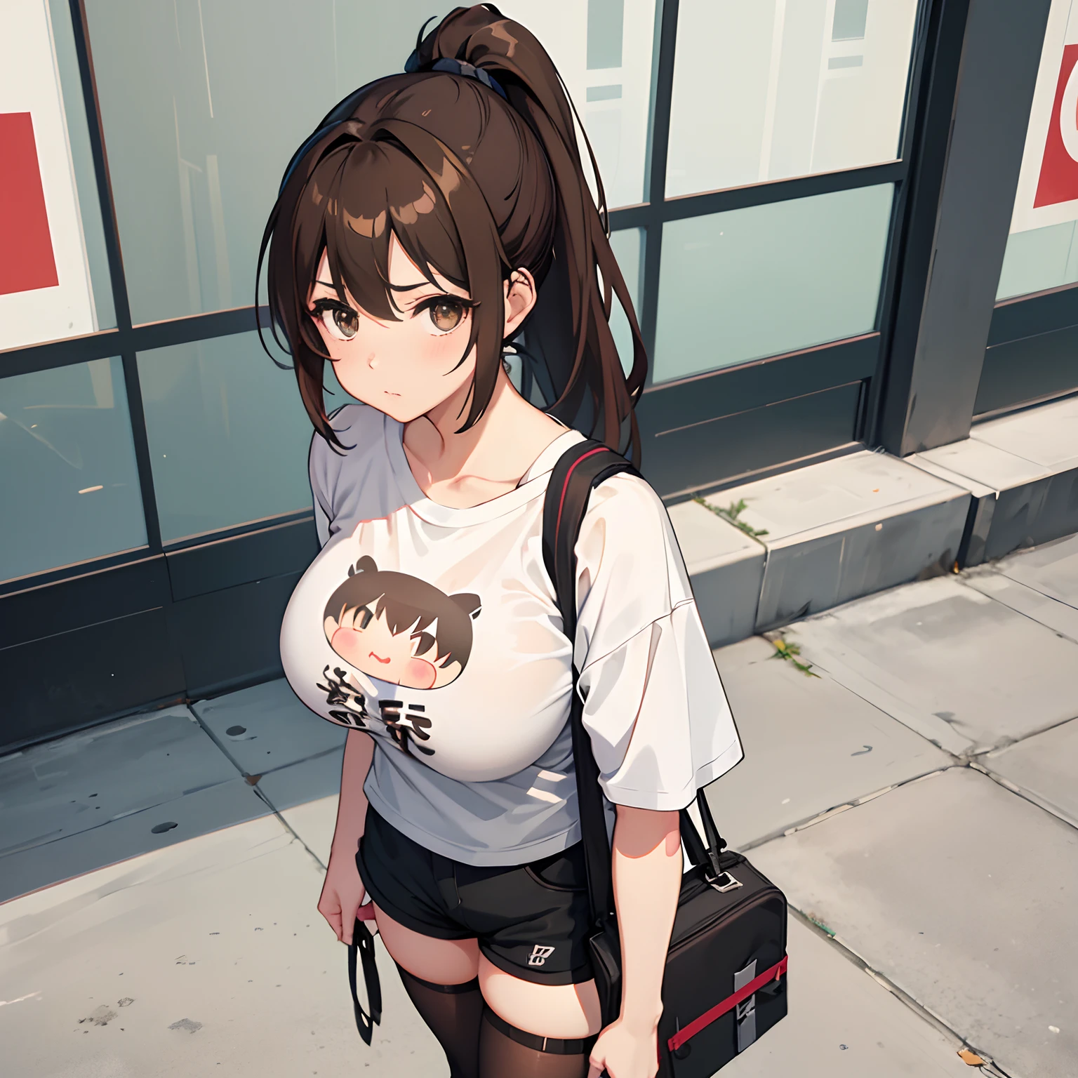 "anime girl, 1 person, dark brown hair, ponytail, ponytail, brown eyes, t-shirt, white t-shirt, tights, shorts, big breasts, blushing, solo, front view, standing cross legs, hold phone, use phone. (full HD 4K+ image)"