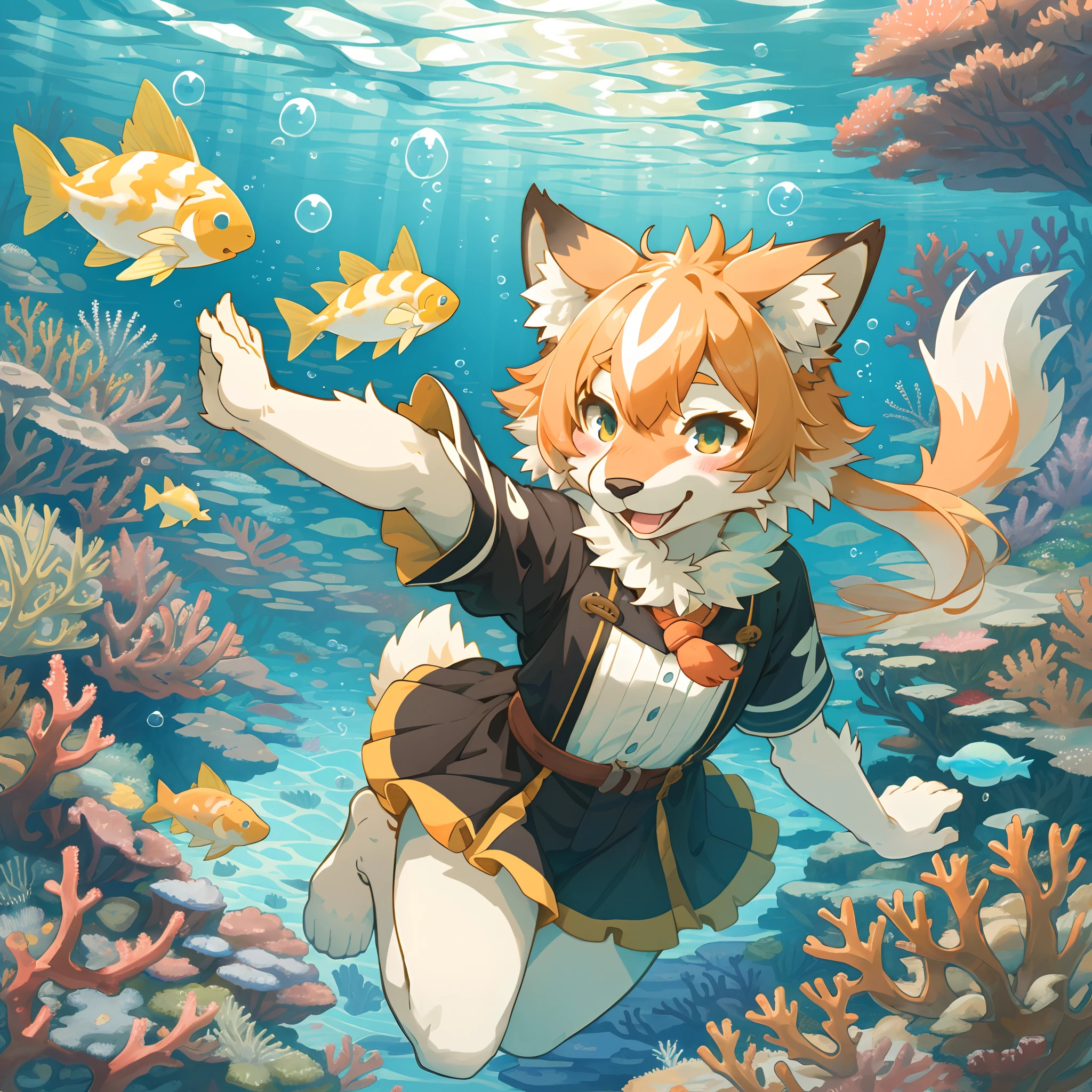 cover_page, highres, top quality, best quality, paid reward available, High-quality illustrations, unparalleled masterpiece, perfect artwork, absurdres, super high resolution, detailed background, Seabed, Coral reef, Bubble, 6+boys, 6+girls, Happy, joyful(Photos of solo travelers)(kemono, furry anthro),