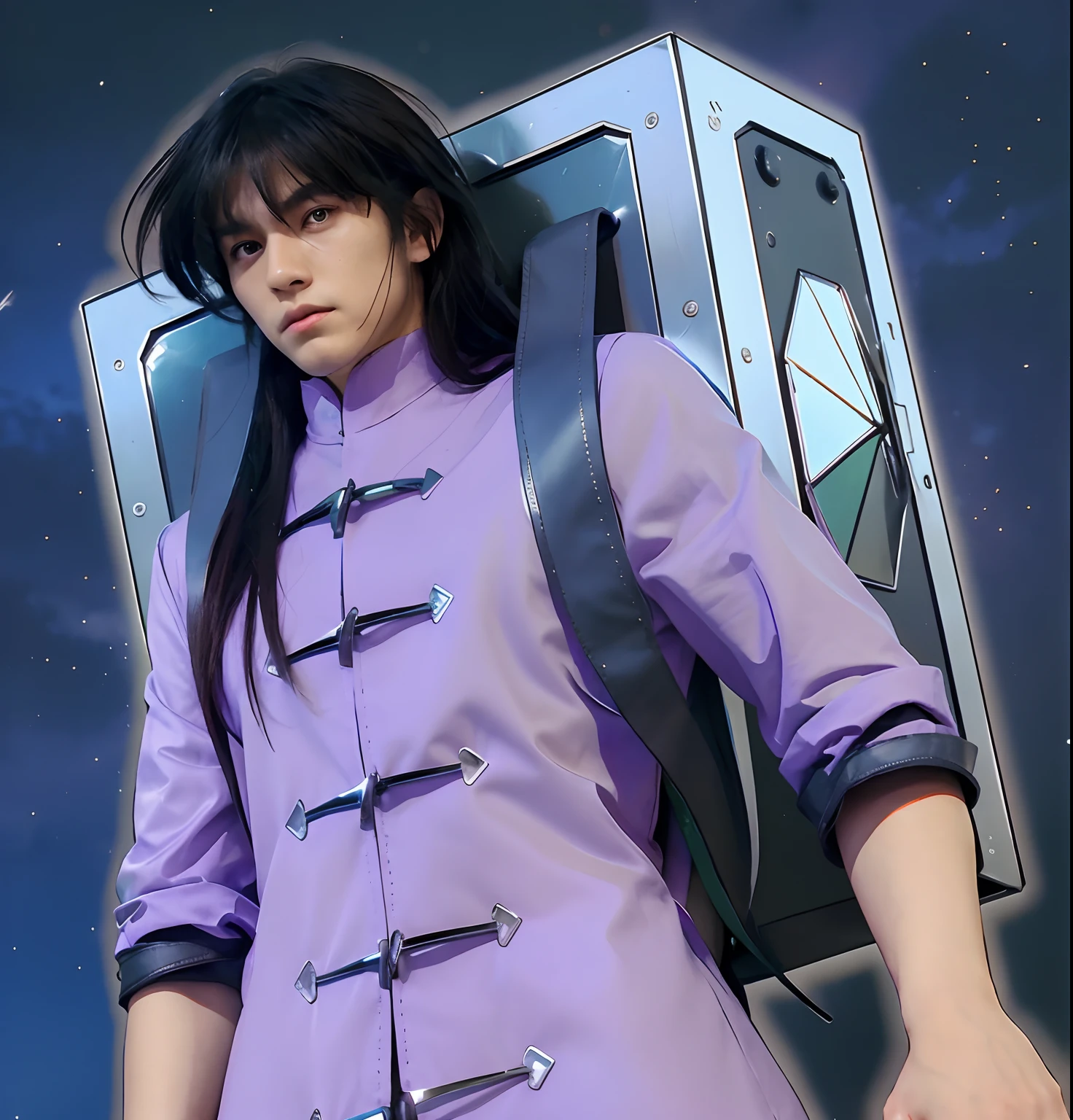 (masterpiece), (realistic), half body, (male) of 18 years old, Japanese (1boy), slightly side view, serious powerful look, solo, (handsome man) (powerful face),, ((pretty big green eyes)), ((well done eyes)), looking in front, long straight messy black hair, ((bangs)), hair blowing in the air, (beardless), masculine Chinese tunic light purple, leather straps, metallic (Chrome) box on his back, night starry sky background, cinematic lighting.