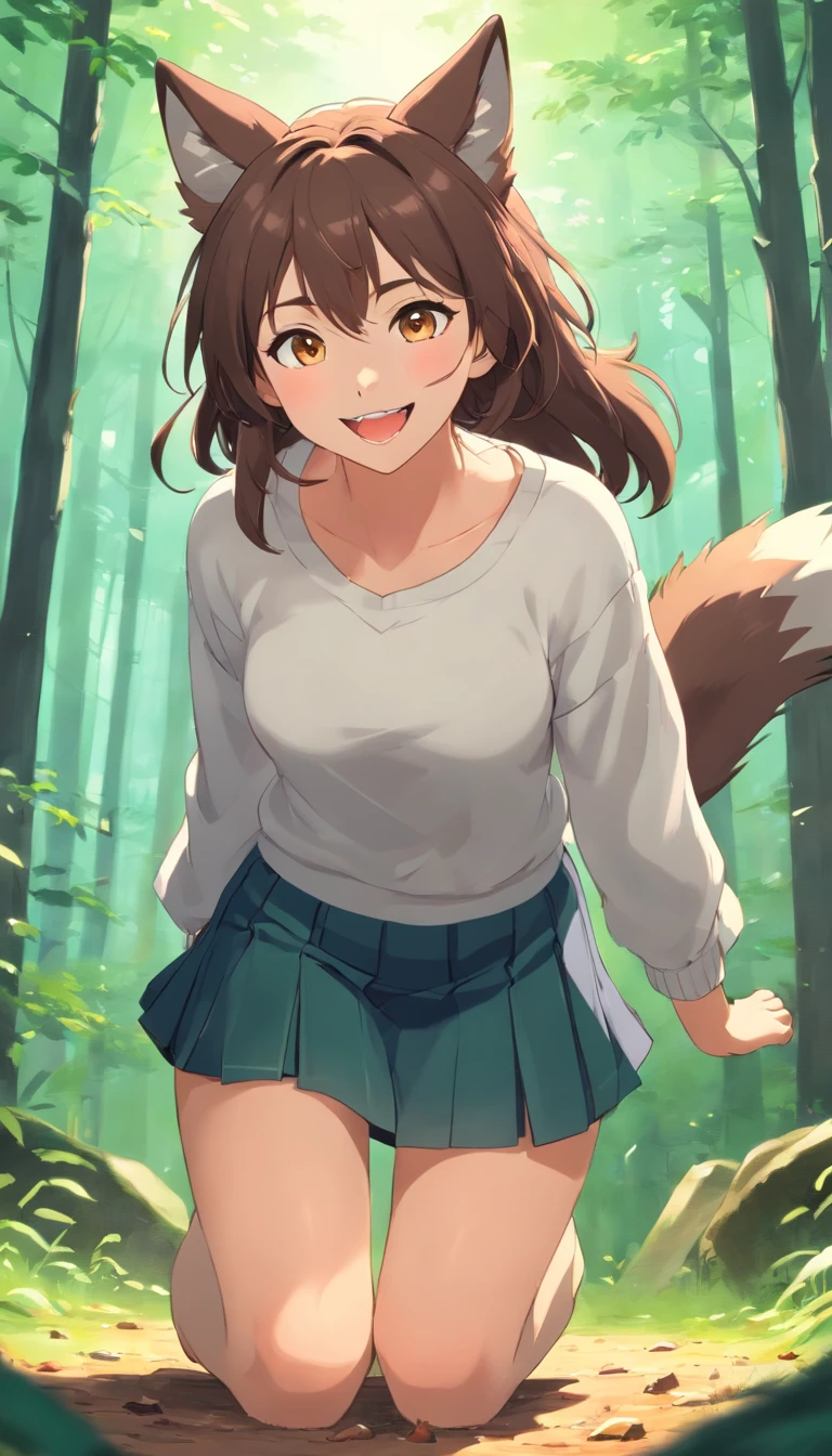 one brunette wolf girl, wolf ears, wolf tail, in the forest, wide open smile, sharp fangs, hunting viewer, on the ground, seductive smile, wearing sexy knit top, skirt, leggings, on the ground