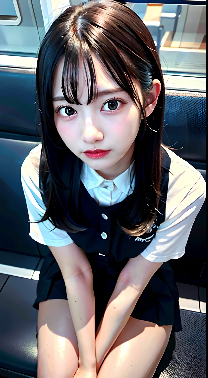 "(Masterpiece, High Definition, Ultra High Definition, 4K) Black hair, 14 years old Japan girl, uniform skirt, emphasizing thighs, white thighs, soft thighs, glossy thighs, sitting on the train, face-to-face angle, (angle from below),sitting in the train seat,Sitting in front,Zoom camera in the crotch,Feet on the train floor,Full body,Looking down and sleepy,Looking at the viewer only", best quality, ultra high definition, (photorealistic:1.4),, high resolution, detail, raw photo, sharp re, Nikon D850 film stock photo by Lee Jefferies 4 kodak portra 400 camera f1.6 lens rich colors hyper realistic lively textures dramatic lighting unreal engine artstation trends cinestir 800,