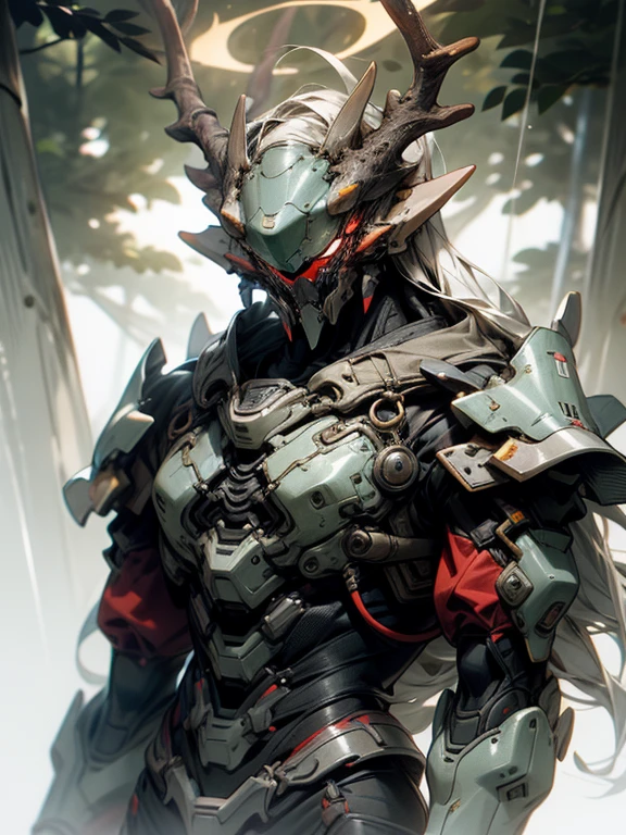 Humanoid alien creatures，The right proportions，Robust，Male，Robust body，Large, Sharp, Red Light Claw，The fair-skinned body has black streaks，The head has antlers，No eyes，There are no facial features，The chin is full of teeth，electric aura，No hairy，combats，ln the forest，8K quality