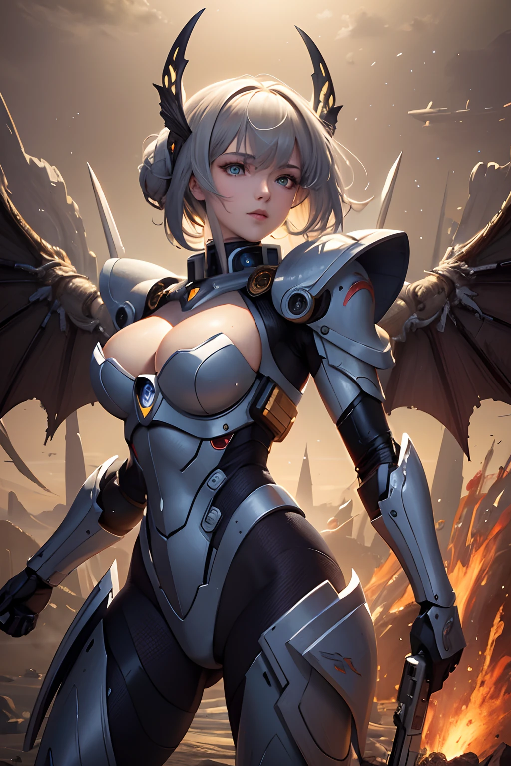 (masterpiece, best quality:1.3),extremely high detailed, intricate, 8k, HDR, wallpaper, cinematic lighting, (universe),gun,(shooting position), glowing, armor, glowing eyes, mecha, large wings,