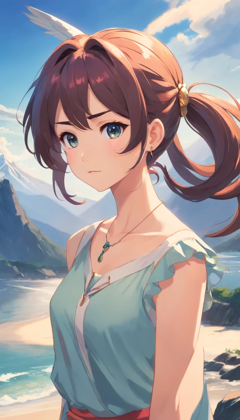 HDA_Masterpiece, ((edgQuality)), 1girl, scenic view, <lora:aerith_v2:0.2>, aerith gainsborough, green eyes, medium breasts, <lora:Crochet_Summer_Dress_By_Stable_Yogi:1>, short dress, belt, boots, crochet