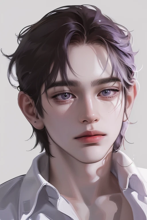 (best quality,4k,8k,highres,masterpiece:1.2),ultra-detailed,(realistic,photorealistic,photo-realistic:1.37), (((man))), ((masculine face)), portrait,illustration, vivid colors,(((white medium hair))), 25 years old,long bangs,solo man, confident expression,high-resolution,sharp focus,impressive lighting,aged face,expressive wrinkles,mysterious aura,light background, light aura,shiny eyes,hand on chin,pensive gaze,wise appearance,distinguished gentleman,neutral color palette,fine lines,powerful presence,depth and texture,hint of purple,classic style,lifelike painting
