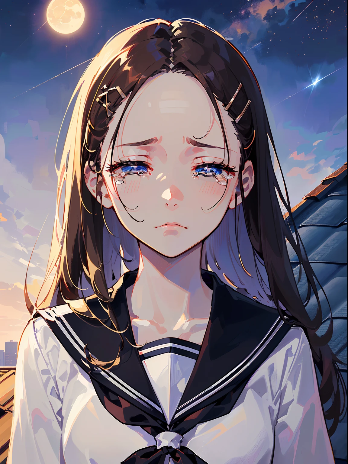 ((((Staring,Slightly sad,tearing,half closed eyes,))))((Singing,standing microphones,))(Masterpiece illustration,Beautiful and aesthetic:1.2,Target the audience,From below), Best quality,Top quality, Epic quality,((((Rooftop,En plein air,))))(meteors,Moonlight,Moon glare, god light,))Neat face,underage,Young,Beautiful detailed hair,Brown hair,hyper HD, retinas, Textured skin, A high resolution, 16k ,((hair pin,Forehead,Long-sided locks,Long hair,Large bow in hair)),Detailed face, 1JK, 1girll,Solo, Perfect face, Very amazing girl,(Black sailor uniform,White sailor tie at front),rim-light