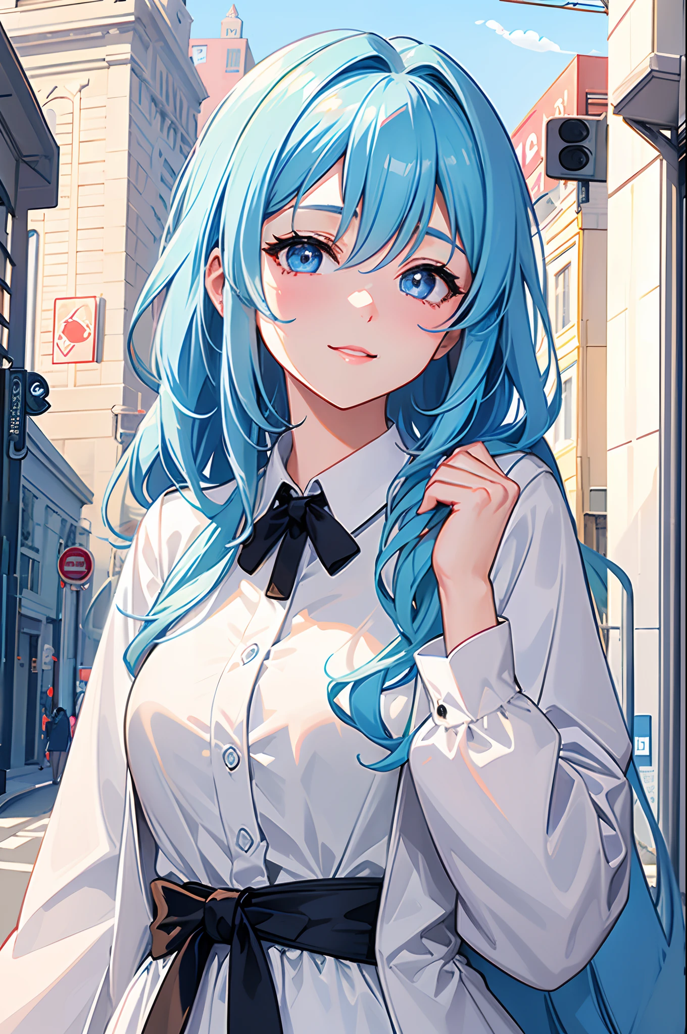 A 21-year-old woman with golden hair, turquoise eyes, big chest, ponytail hair, a short tail, a black bow tie behind her back. Wearing a white shirt and jeans holding up 2 inches in the rain.